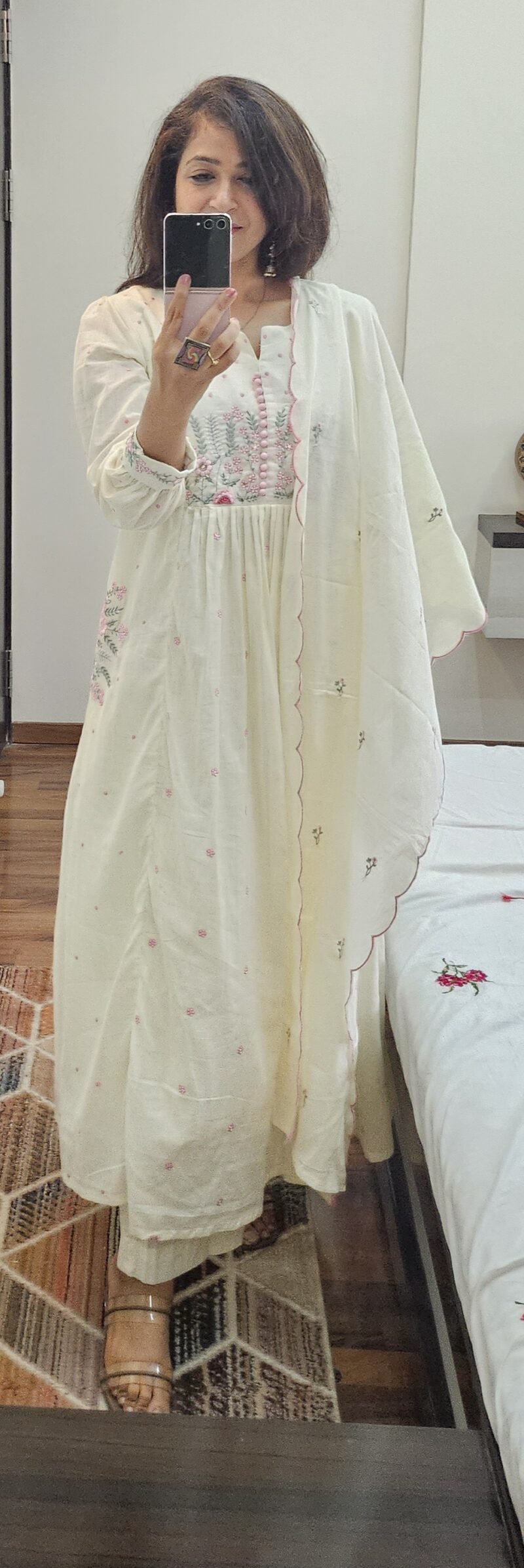 Sukoon – White And Pink Dupatta Suit With Thread Work.