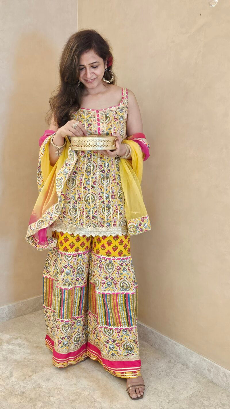 Short Kurti Sharara Dupatta Set with Gotta Patti Detailing