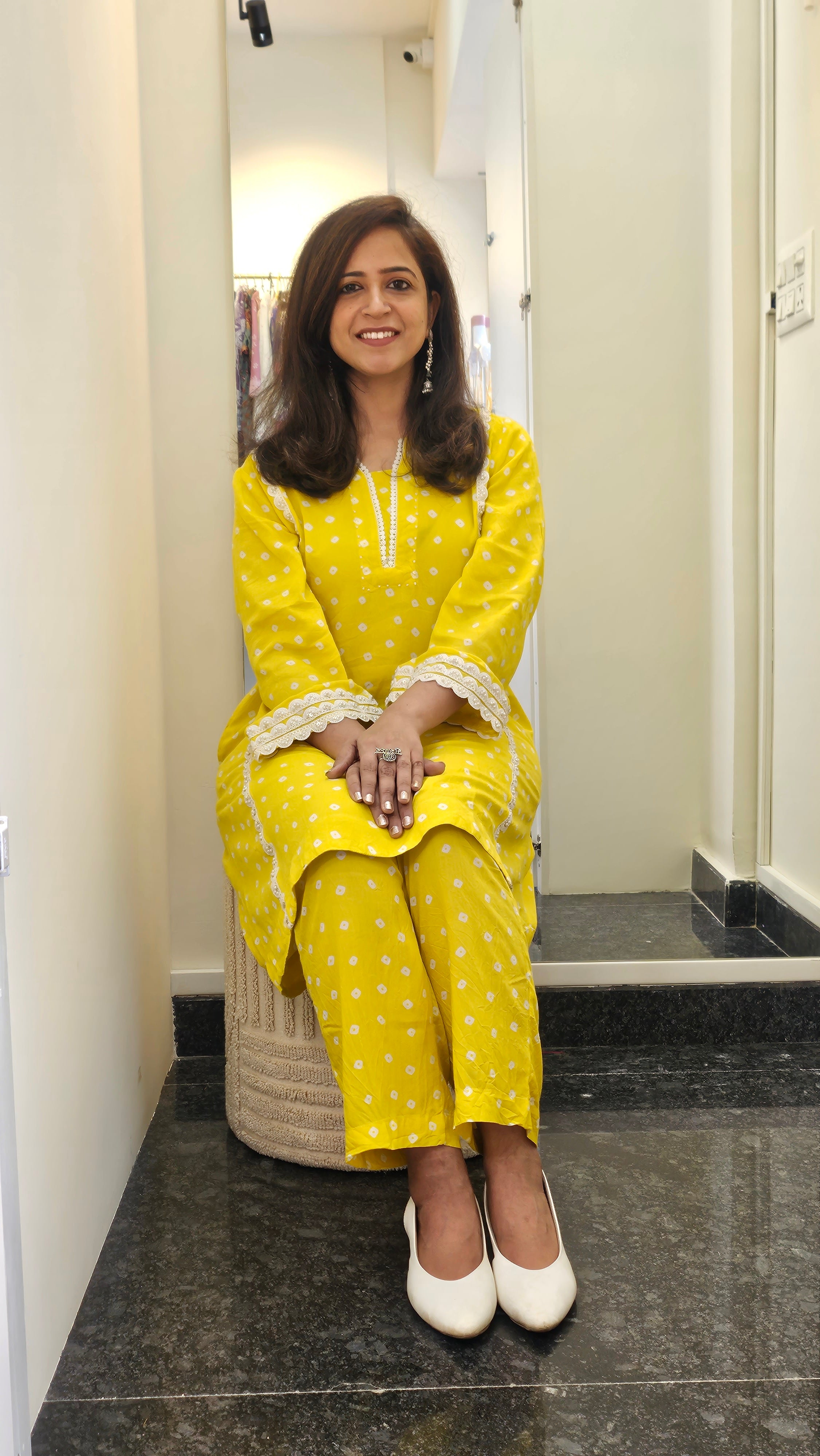 Yellow Bandhej Print Coord Set with Pearl Work