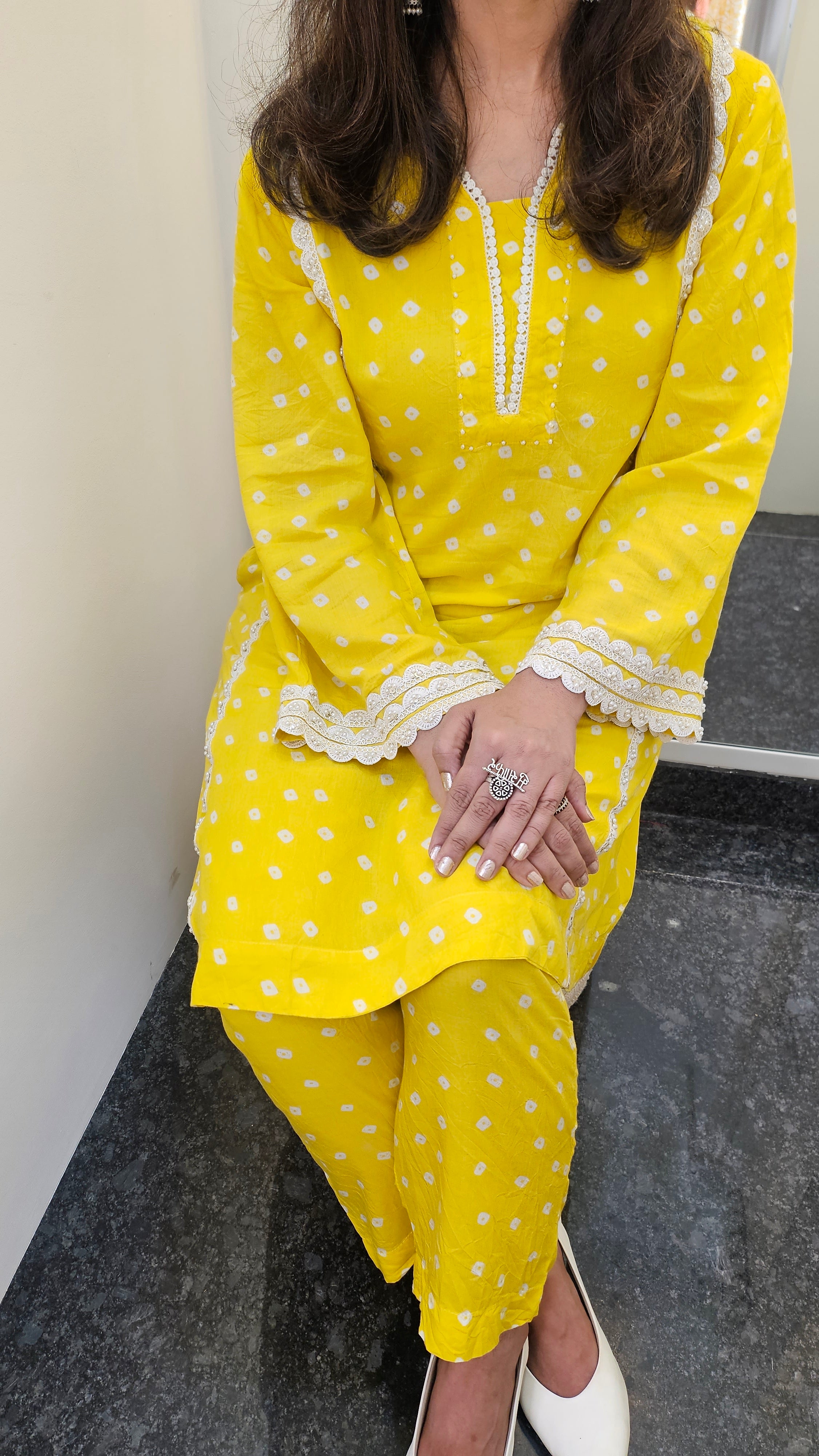 Yellow Bandhej Print Coord Set with Pearl Work