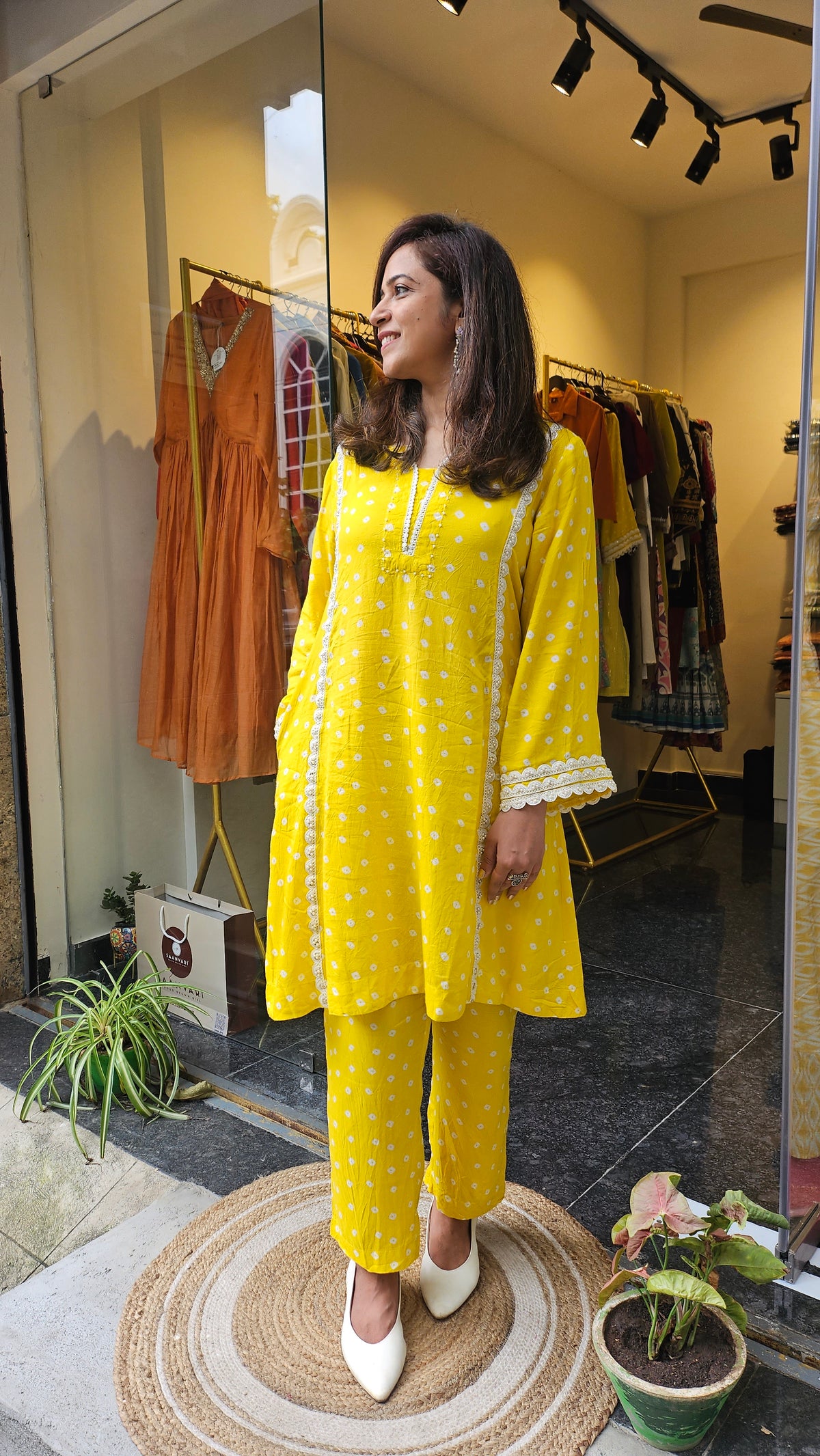 Yellow Bandhej Print Coord Set with Pearl Work