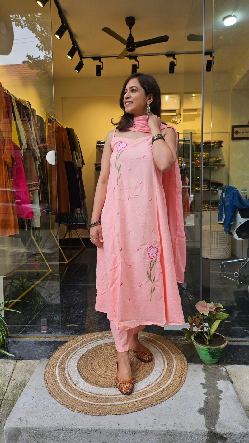 Light Pink Sleeveless Dupatta Suit with Subtle Embroidery