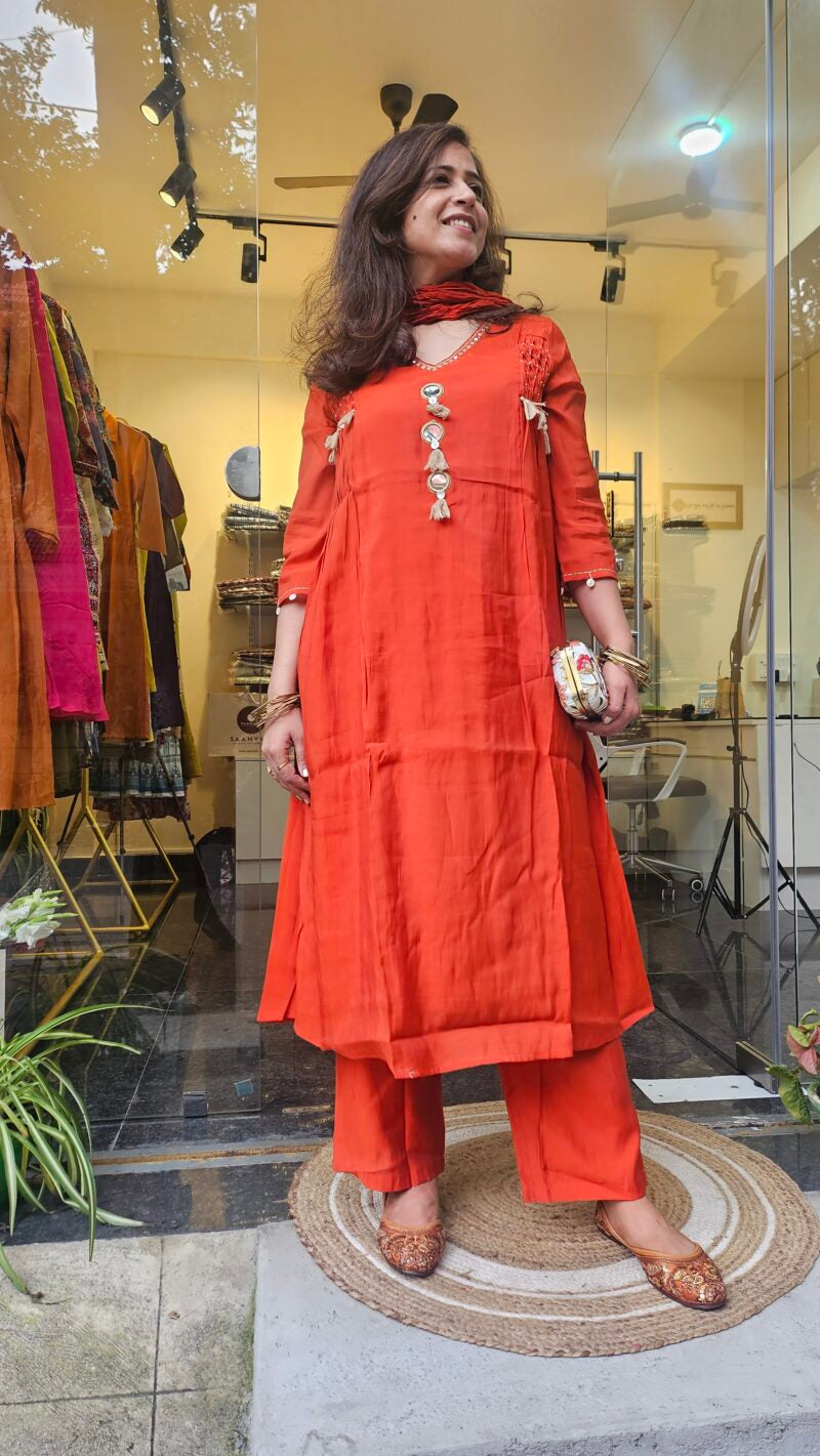 Rusty Mirror Dupatta Suit with Tassel Detailing