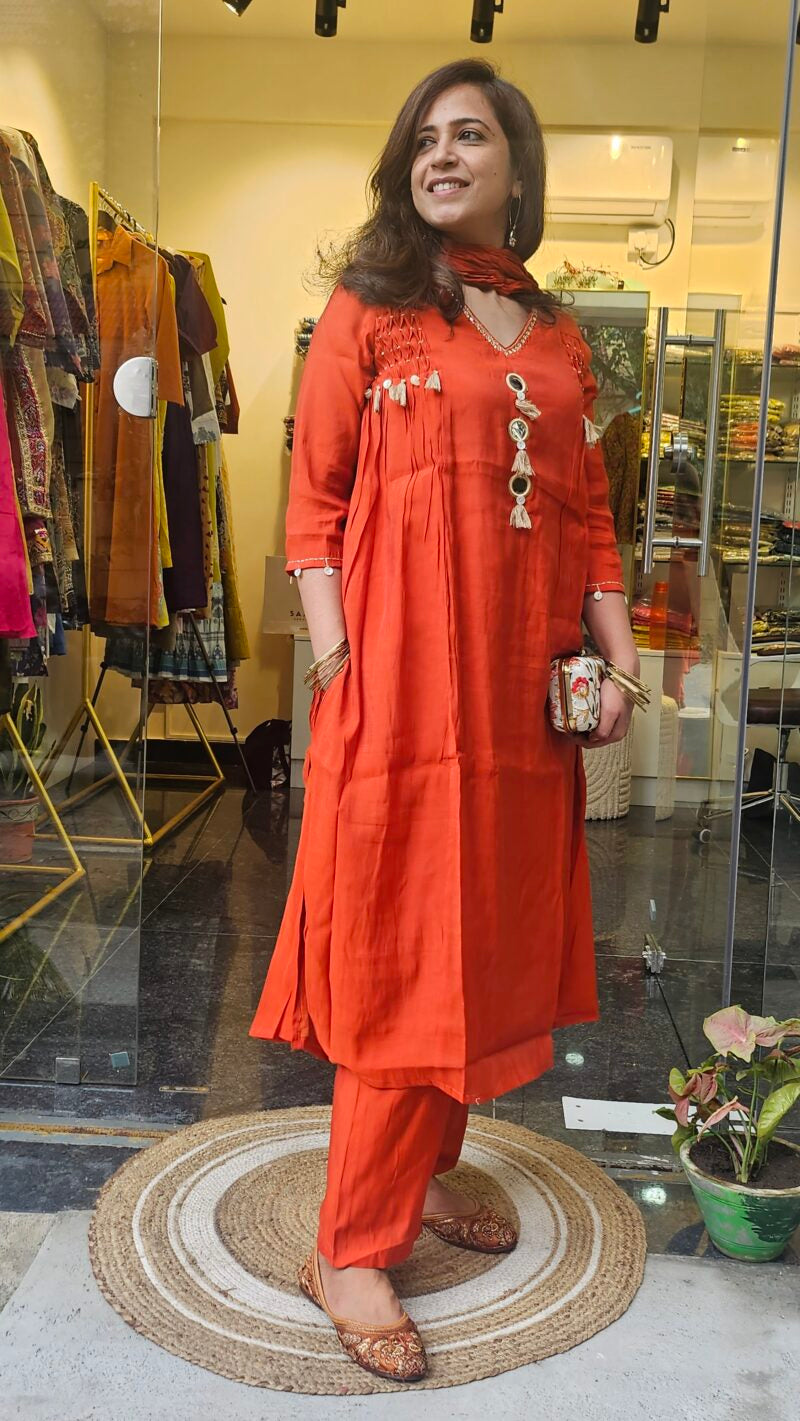 Rusty Mirror Dupatta Suit with Tassel Detailing