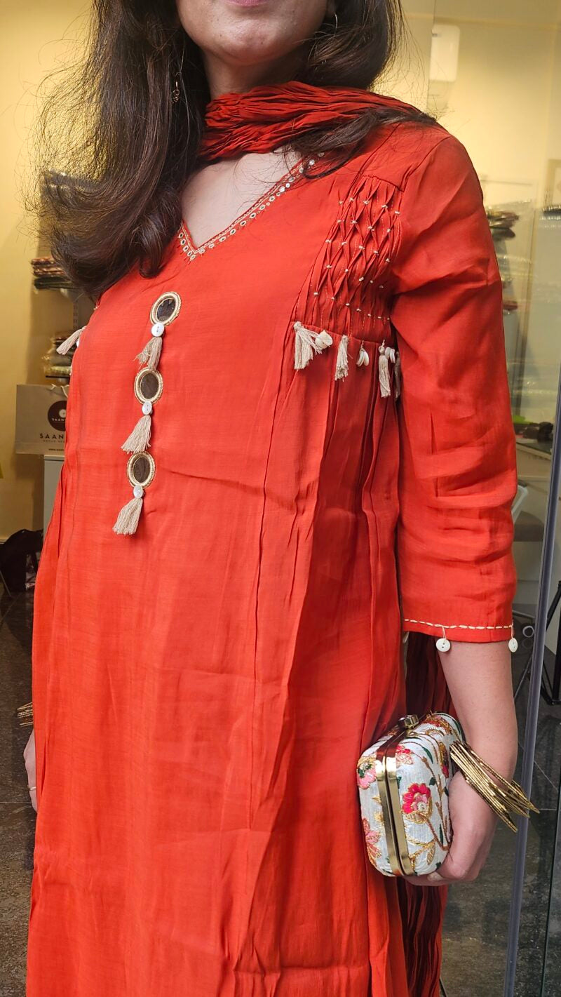 Rusty Mirror Dupatta Suit with Tassel Detailing