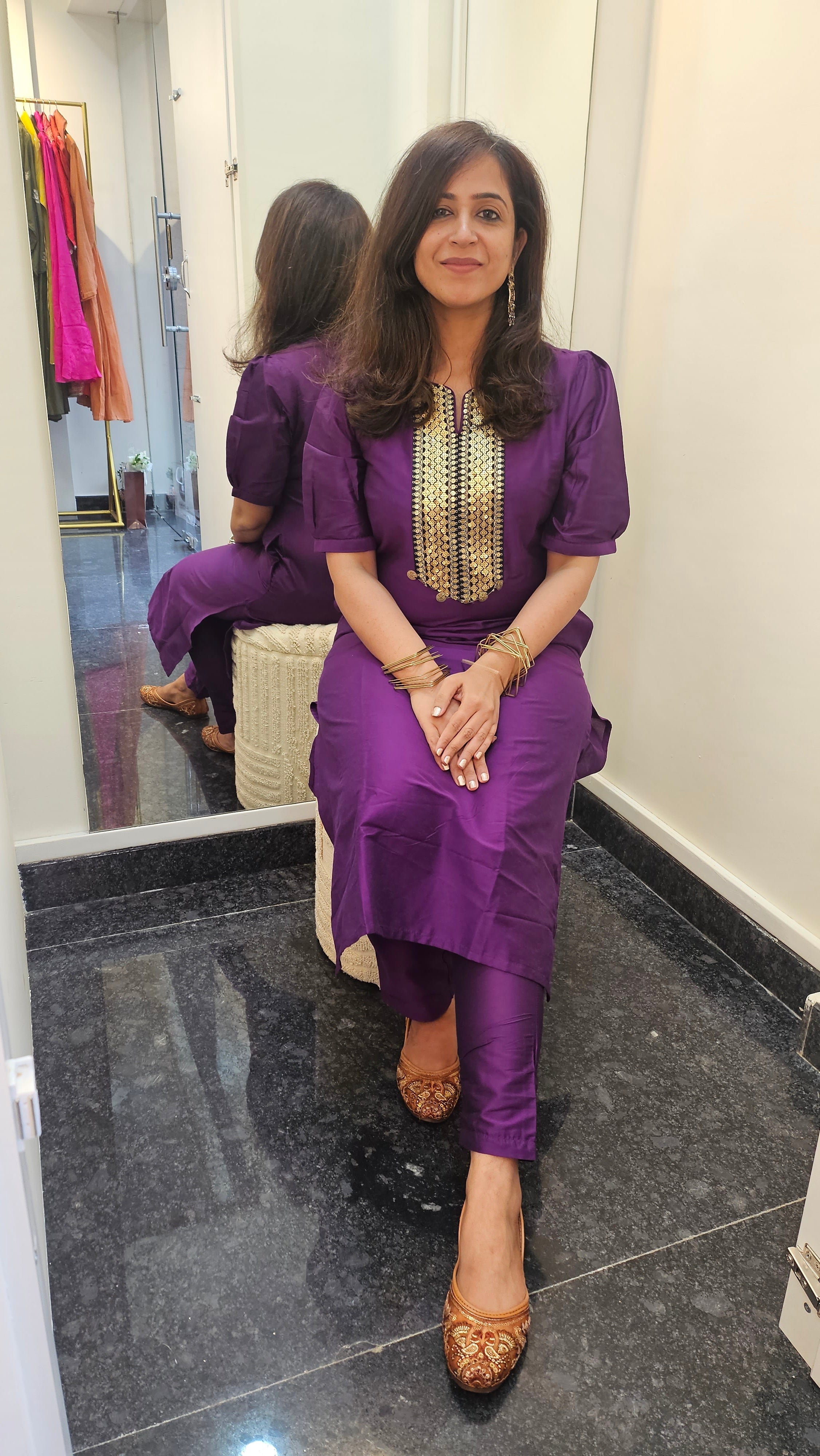 Silk Finish Coord Set with Mirror and Sequin Detailing – Available in Red & Purple