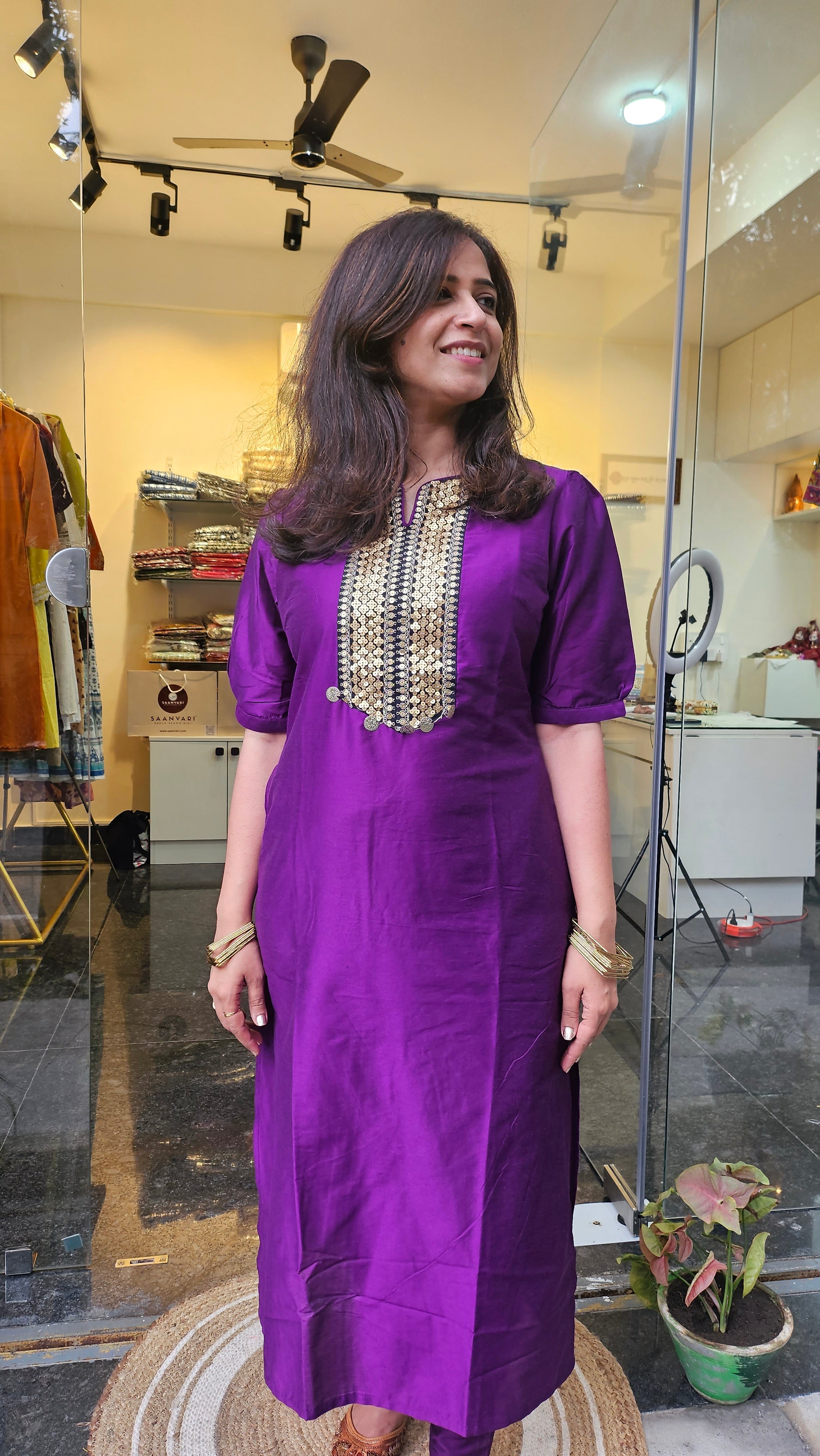 Silk Finish Coord Set with Mirror and Sequin Detailing – Available in Red & Purple