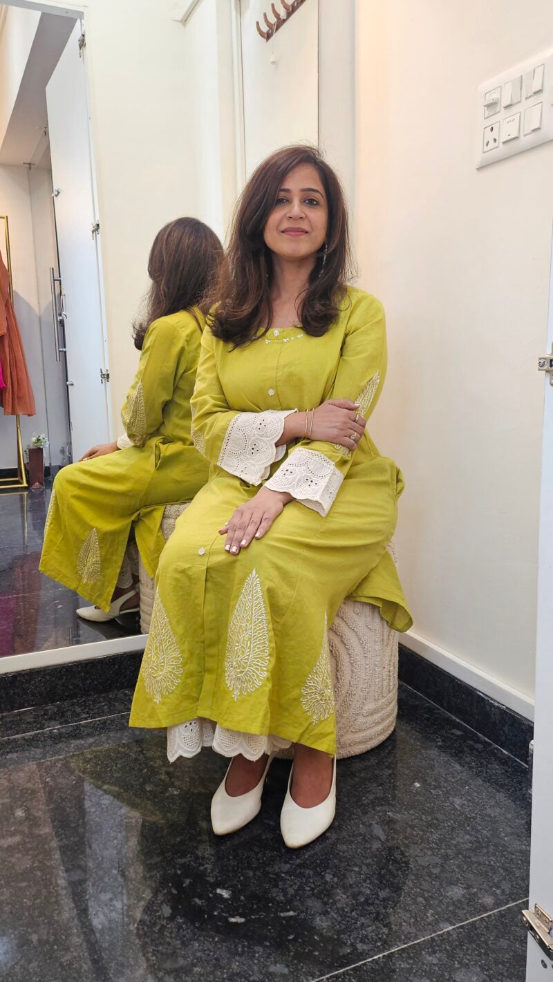 Lime Green Cotton Coord Set with White Embroidery & Lace Detailing