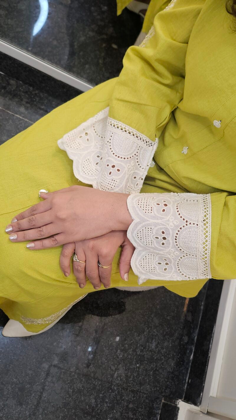 Lime Green Cotton Coord Set with White Embroidery & Lace Detailing