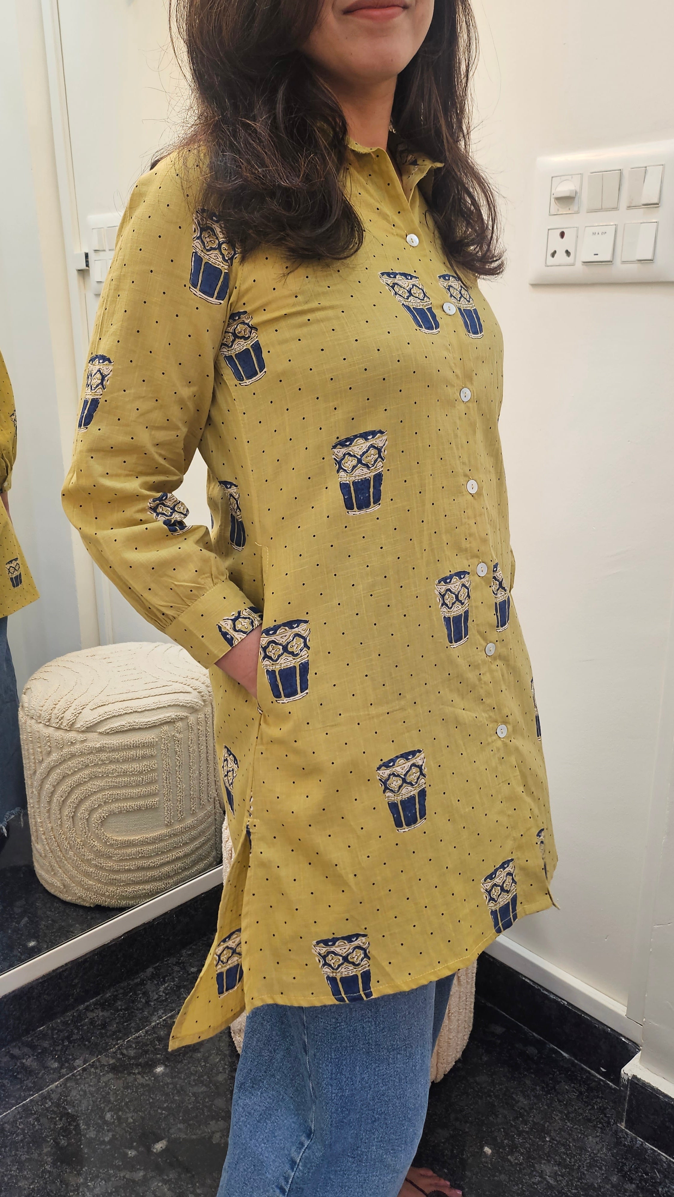 Tea Cup Printed Mustard Yellow Cotton Shirt