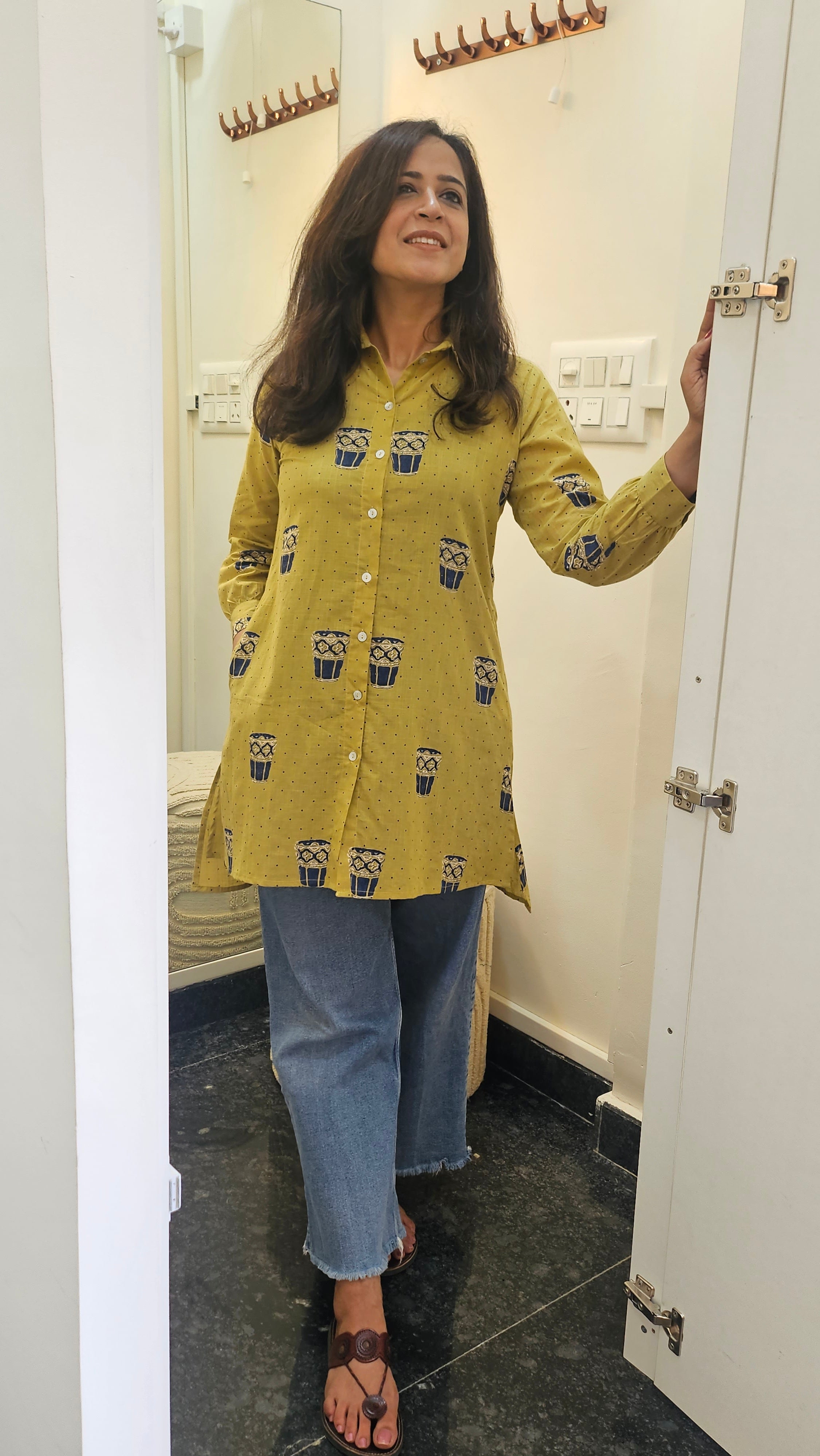 Tea Cup Printed Mustard Yellow Cotton Shirt