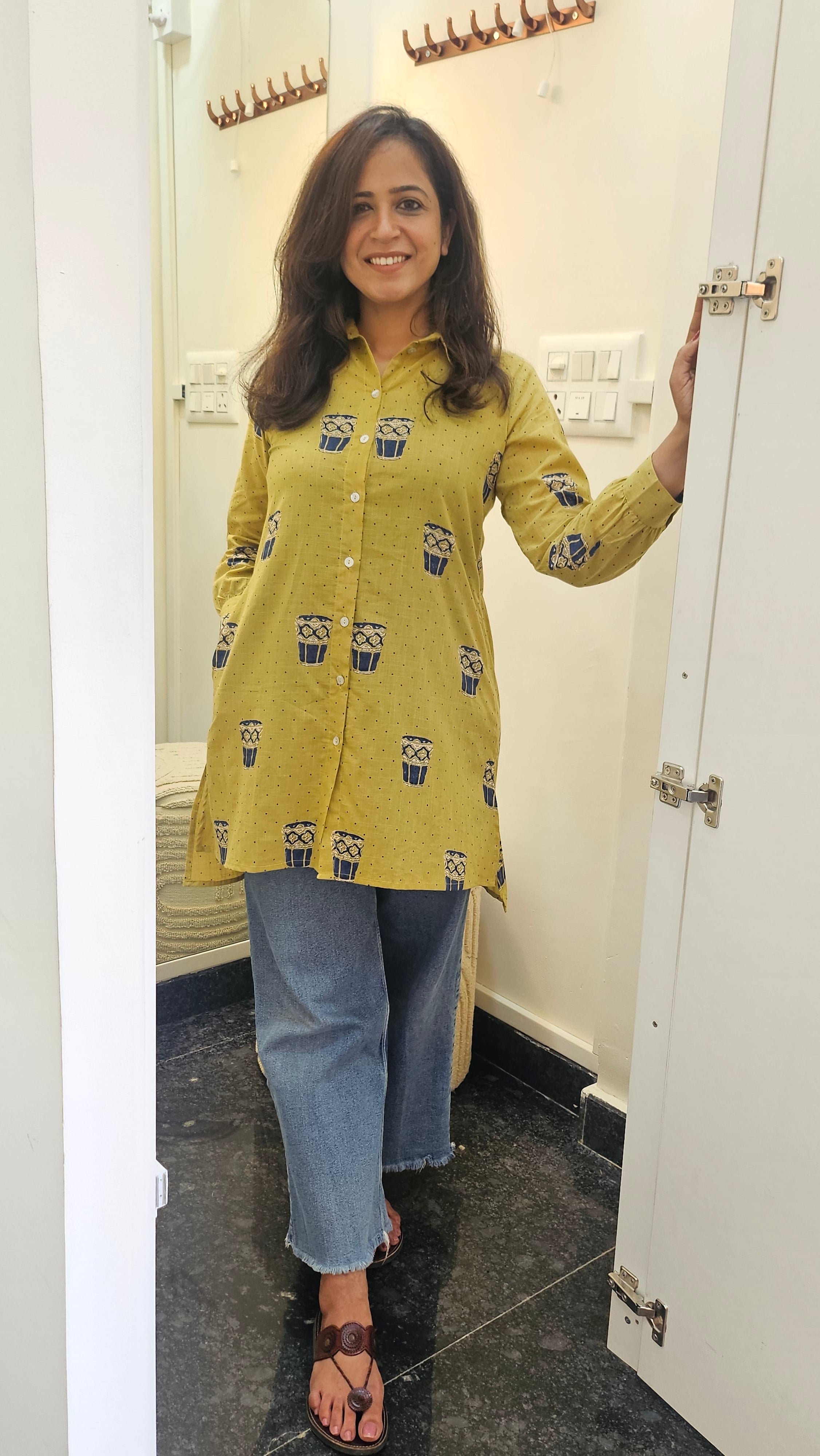 Tea Cup Printed Mustard Yellow Cotton Shirt
