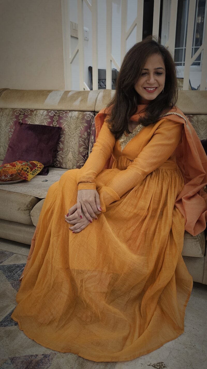 Orange Anarkali Dupatta Suit with Full Sleeves