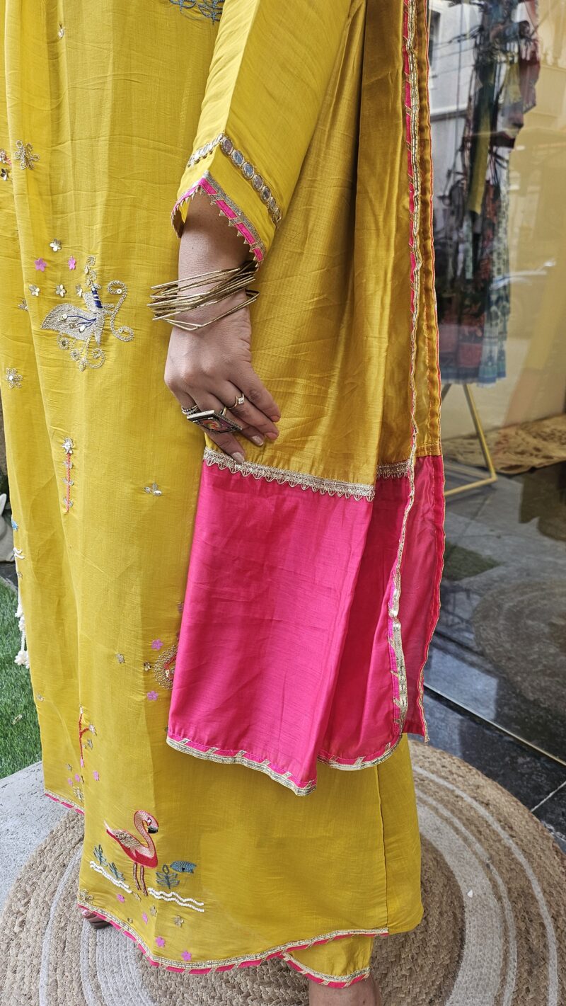 Handcrafted Yellow Mul Chanderi Suit Set with Dupatta