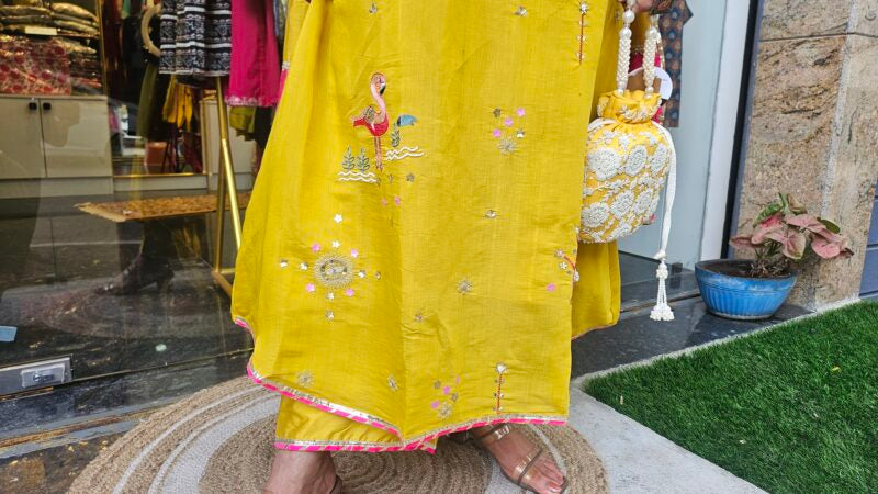 Handcrafted Yellow Mul Chanderi Suit Set with Dupatta