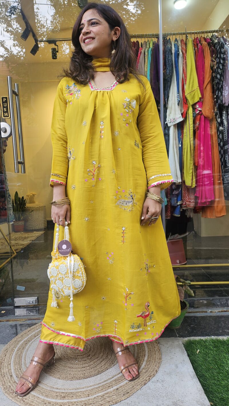 Handcrafted Yellow Mul Chanderi Suit Set with Dupatta