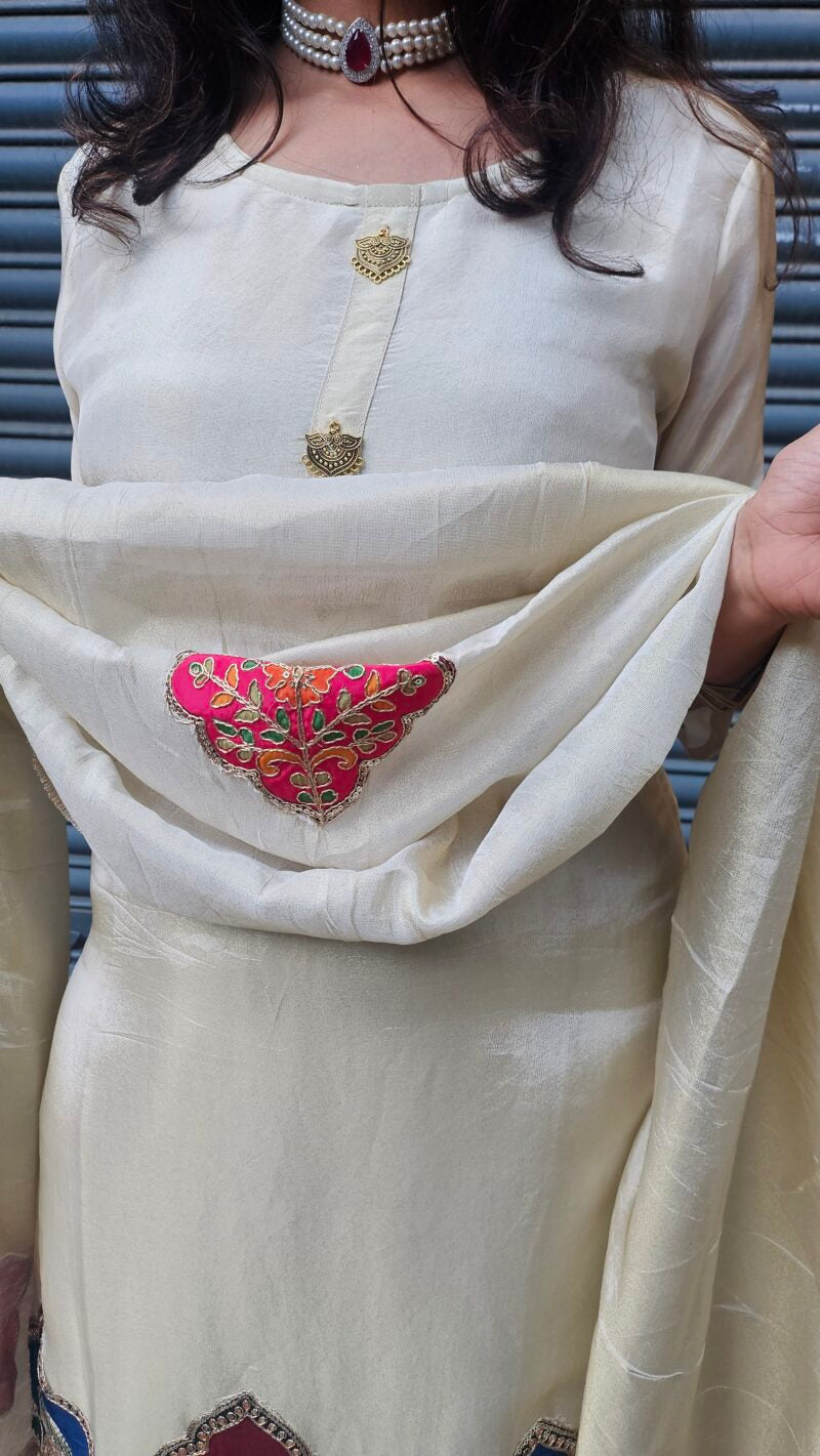 Silk Dupatta Suit Set with Mughal Motif Embroidery