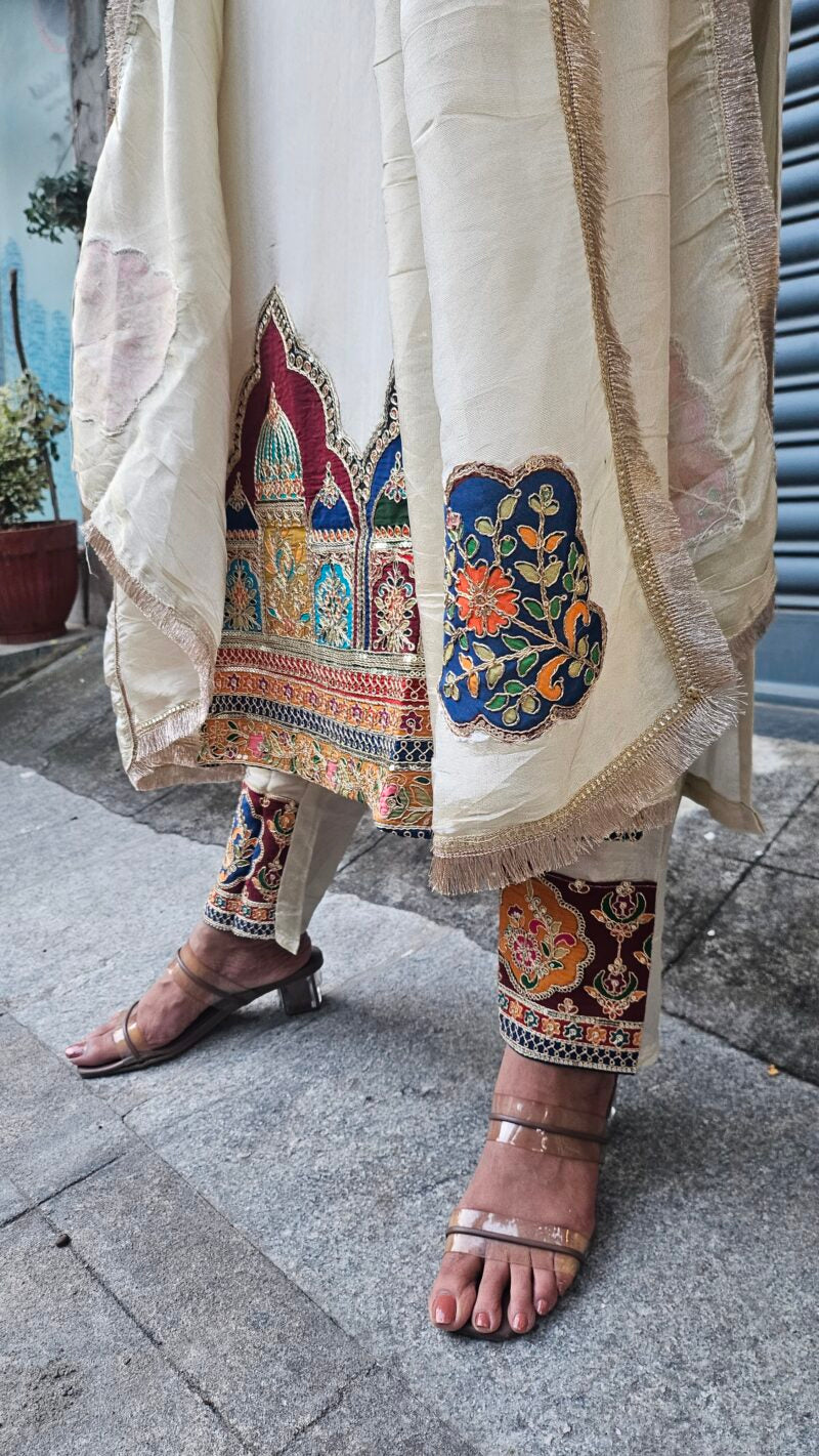 Silk Dupatta Suit Set with Mughal Motif Embroidery