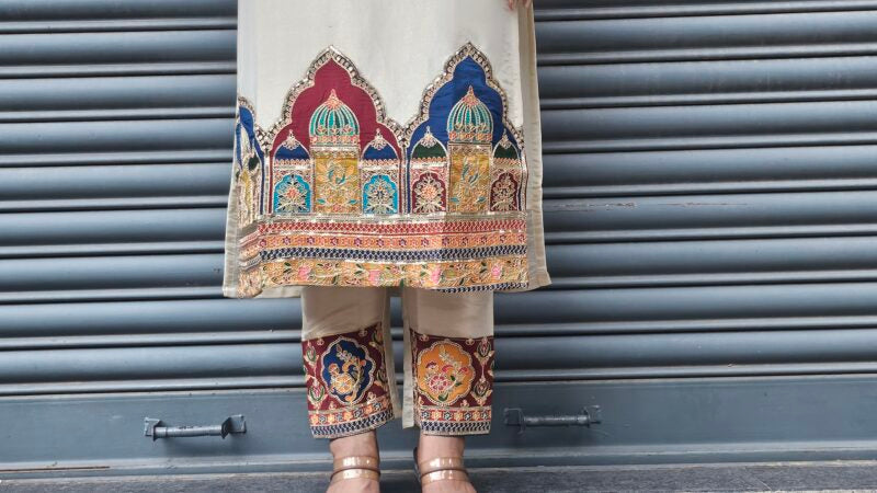 Silk Dupatta Suit Set with Mughal Motif Embroidery