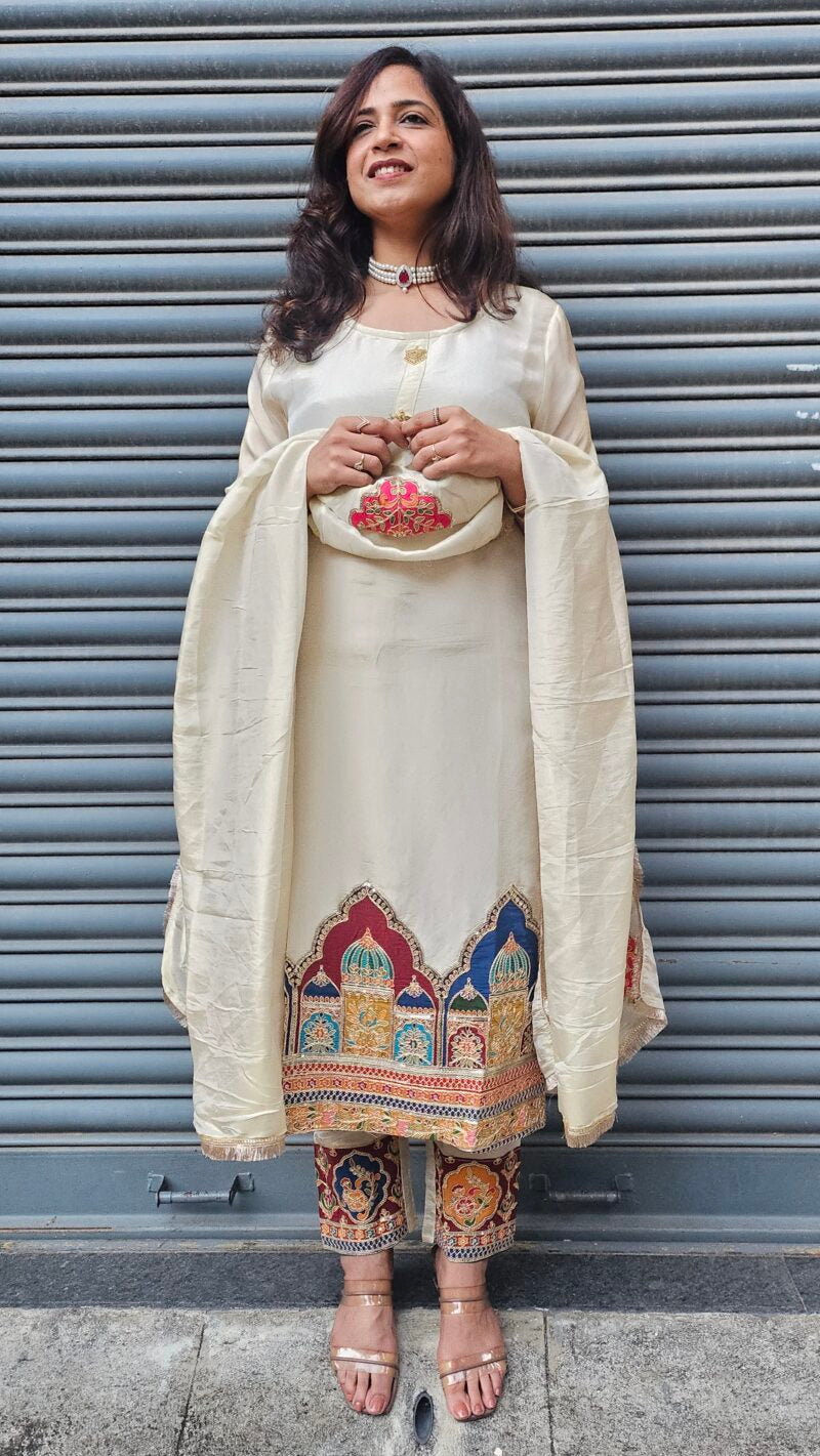 Silk Dupatta Suit Set with Mughal Motif Embroidery