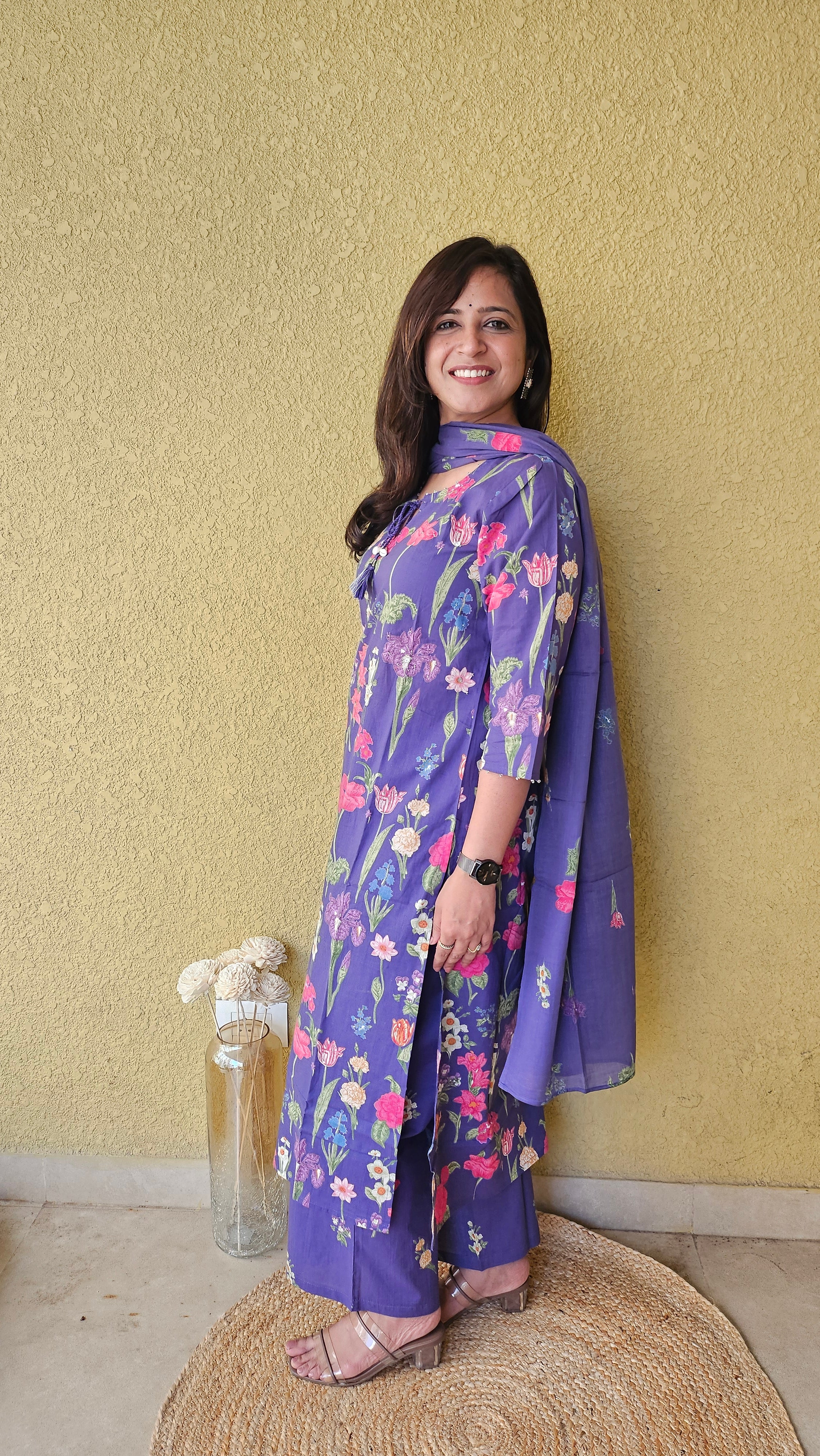 Purple Mul Cotton Dupatta Suit