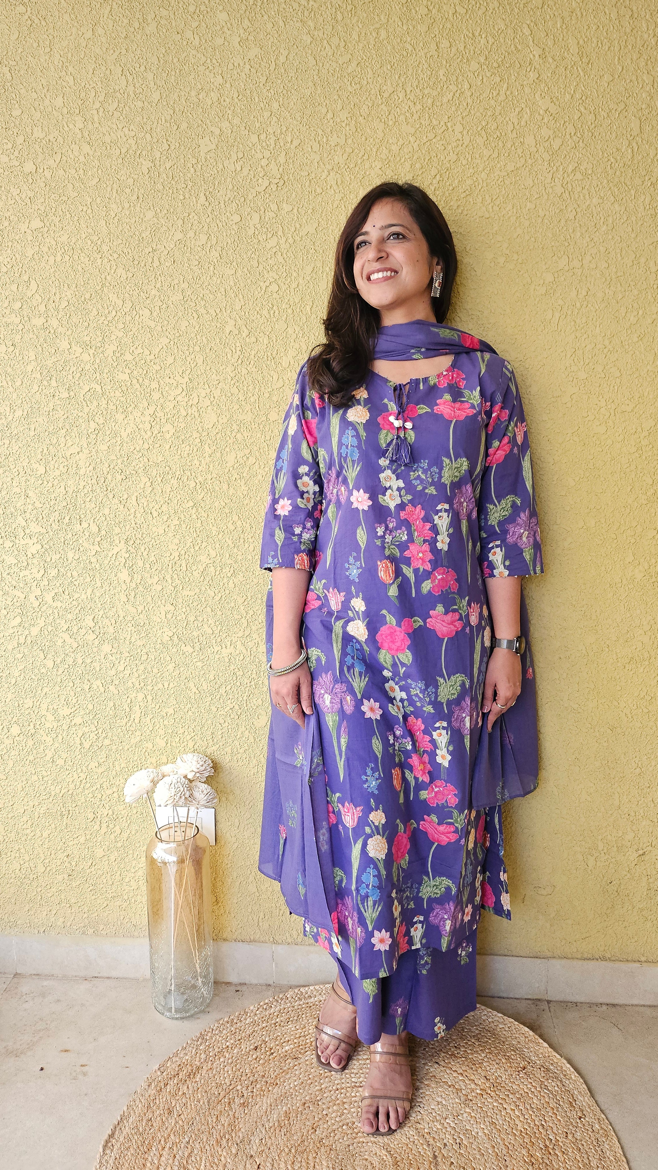 Purple Mul Cotton Dupatta Suit