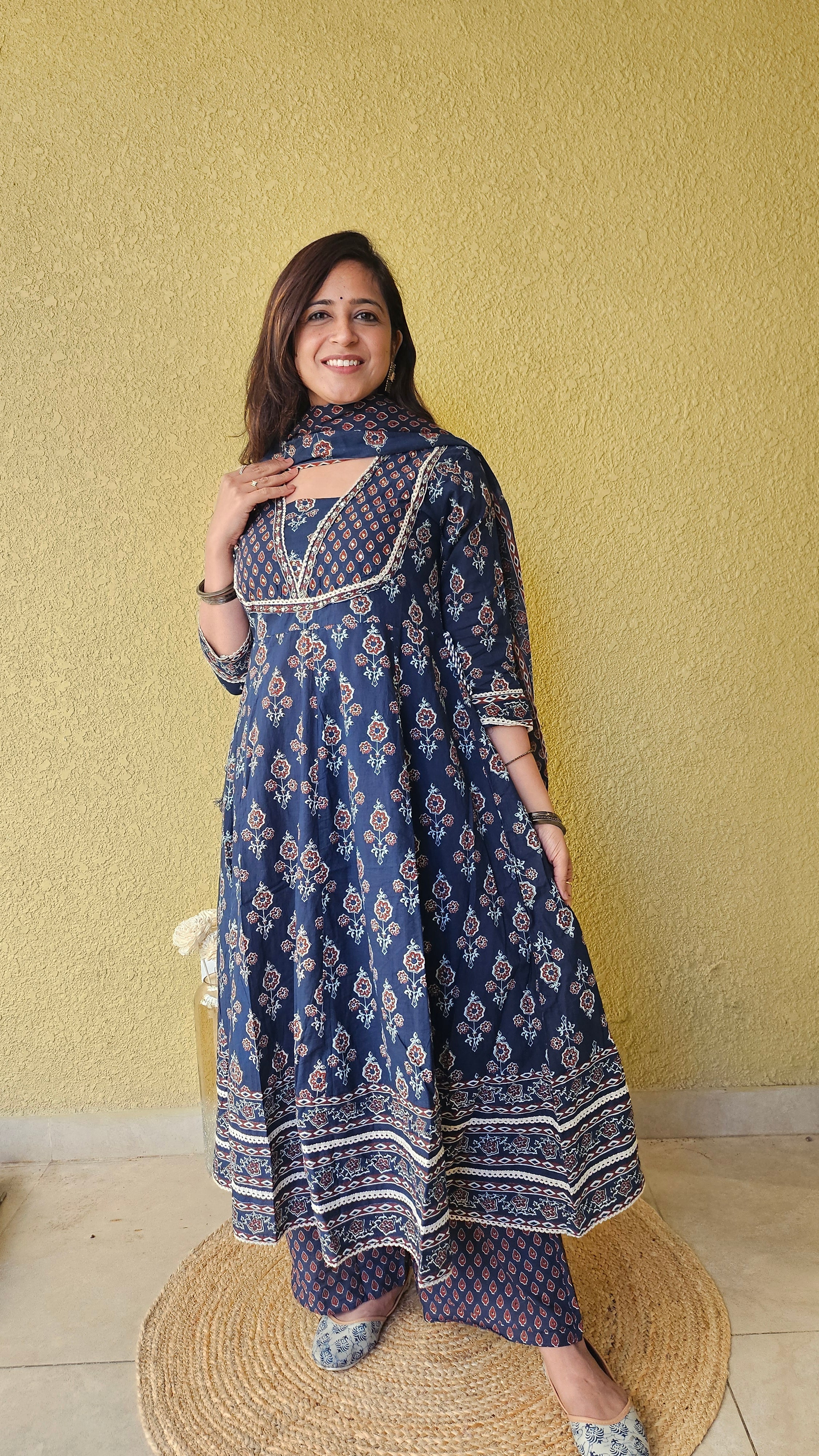 Indigo Bloom – Handblock Print Cotton Dupatta Suit