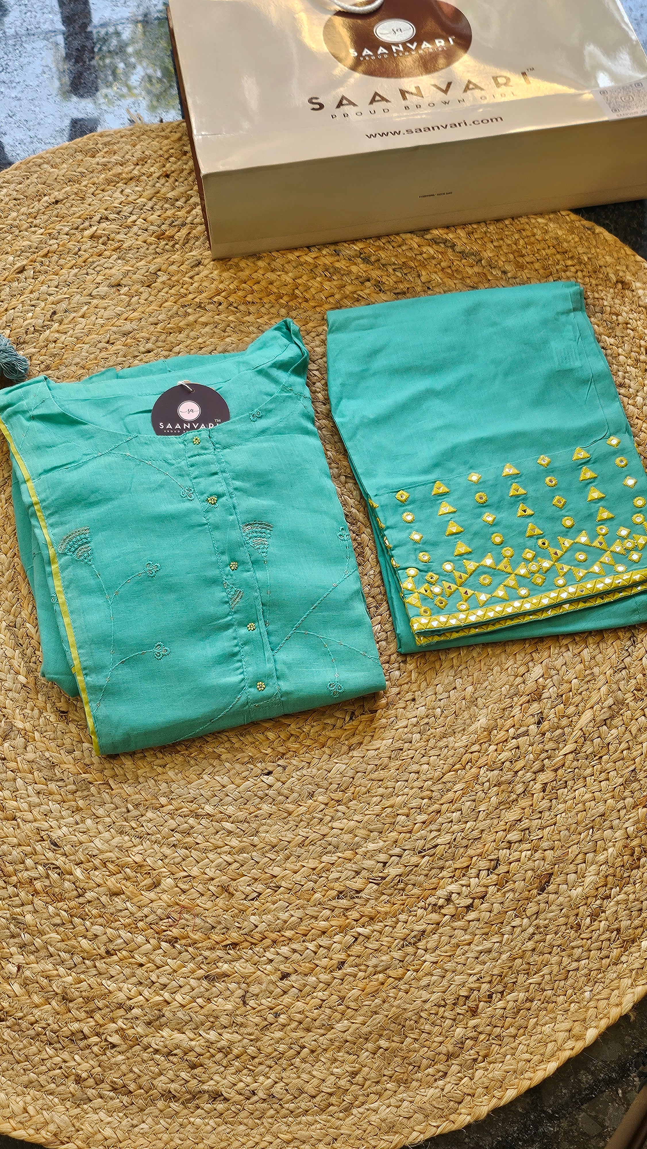 Firozi Embroidered Suit Set with Kota Doria Dupatta