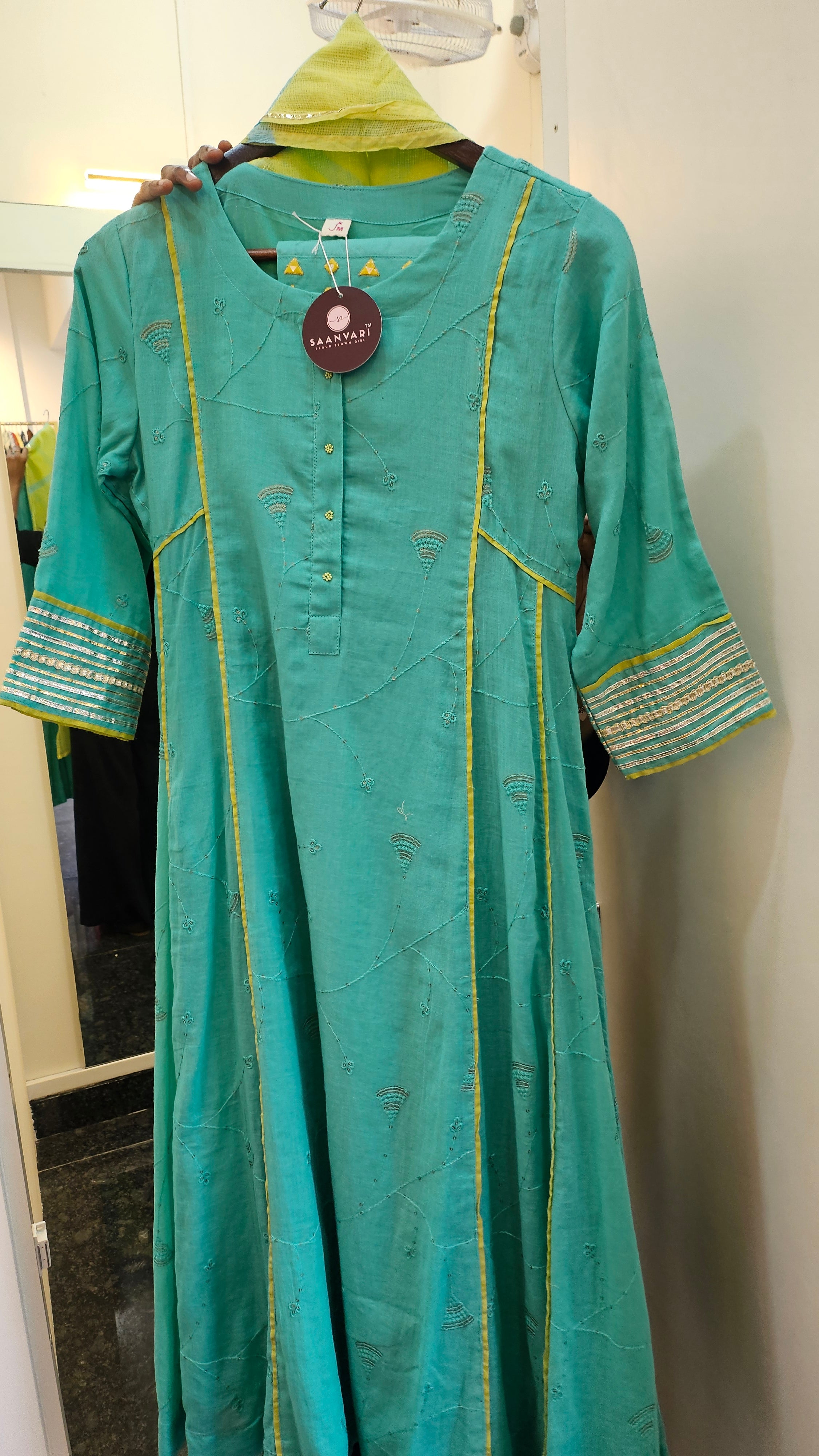 Firozi Embroidered Suit Set with Kota Doria Dupatta