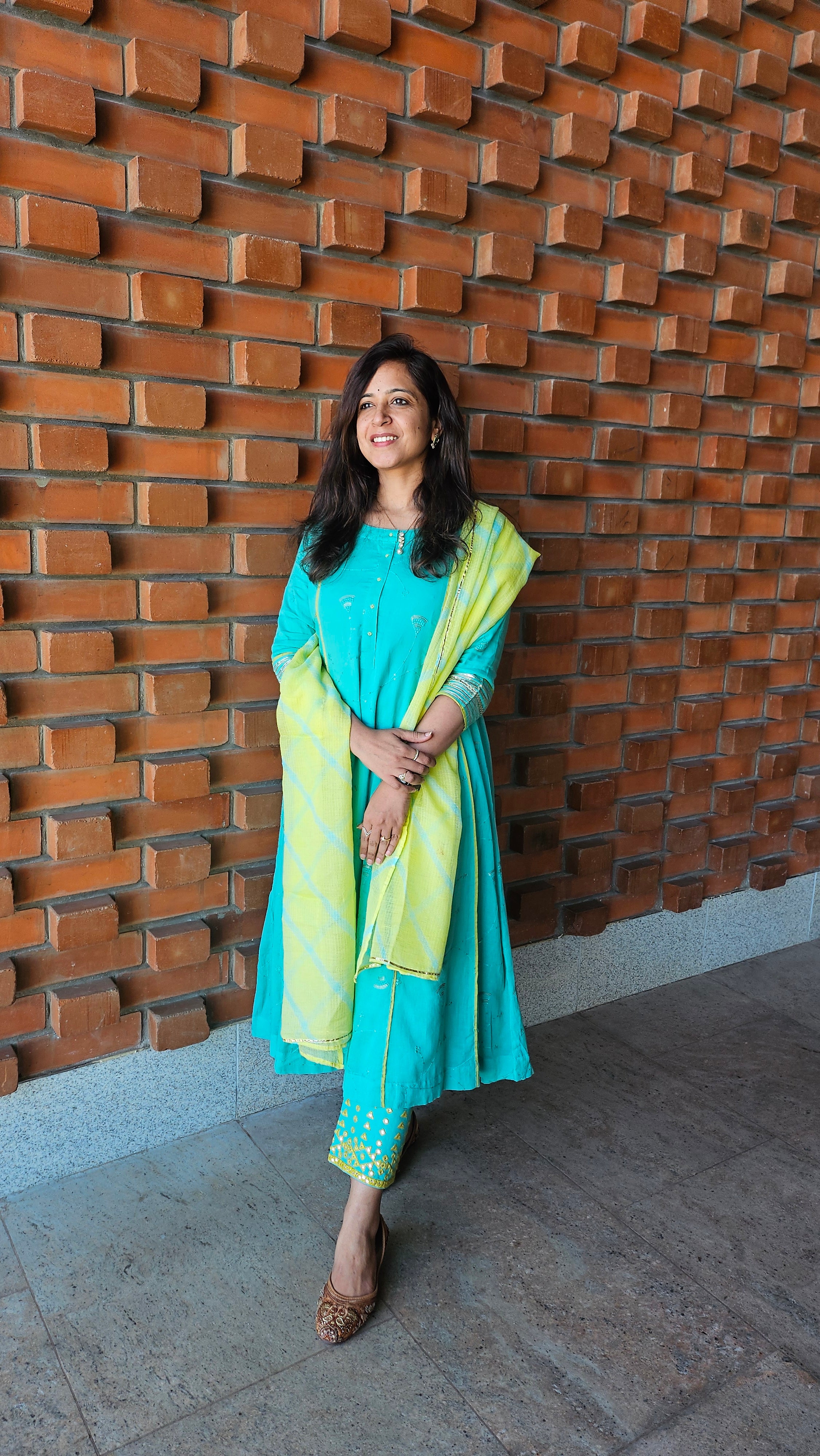 Firozi Embroidered Suit Set with Kota Doria Dupatta