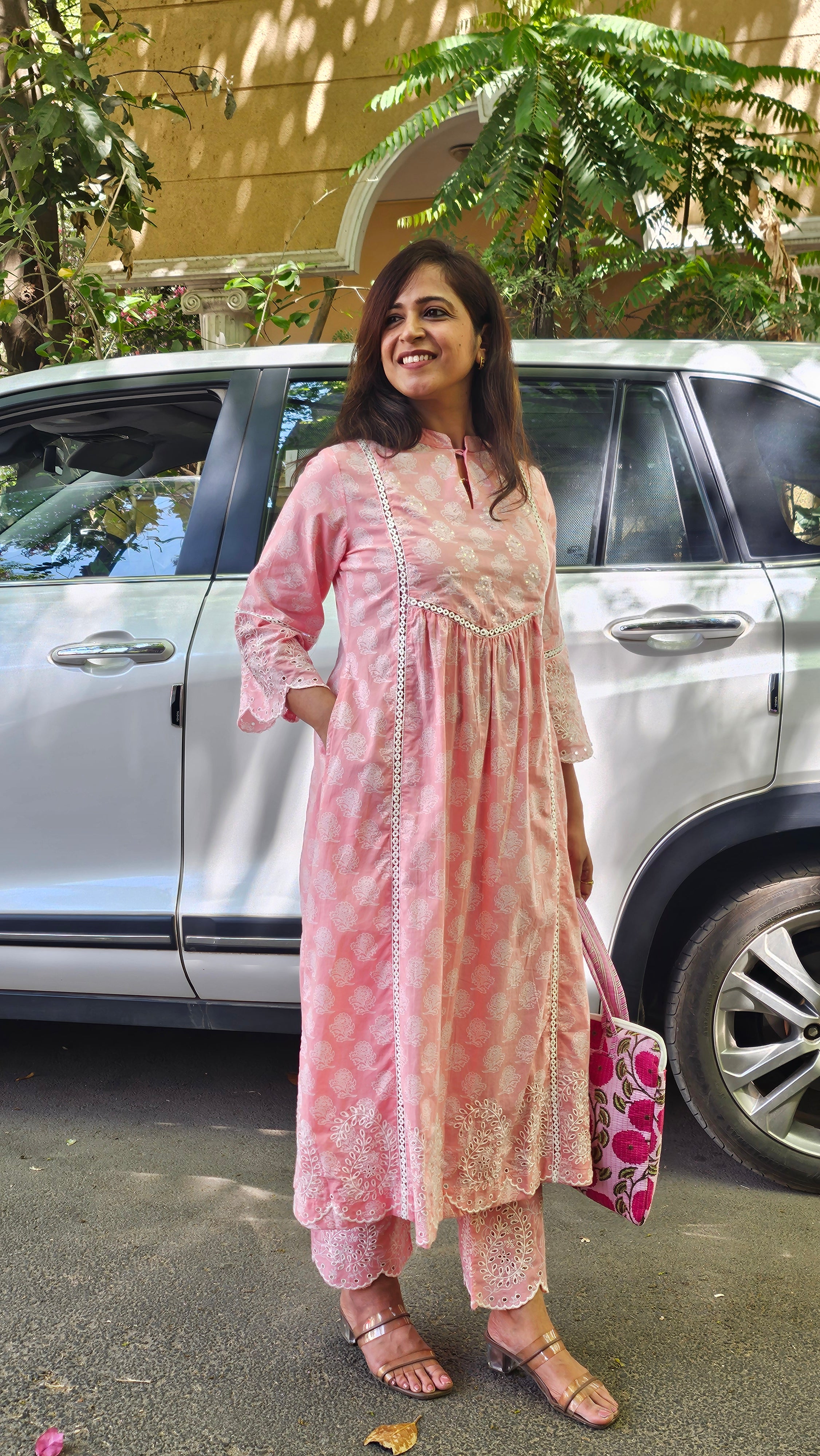 Blush Pink Cotton Kurta Pant (Coord Set) With Lace Detailing