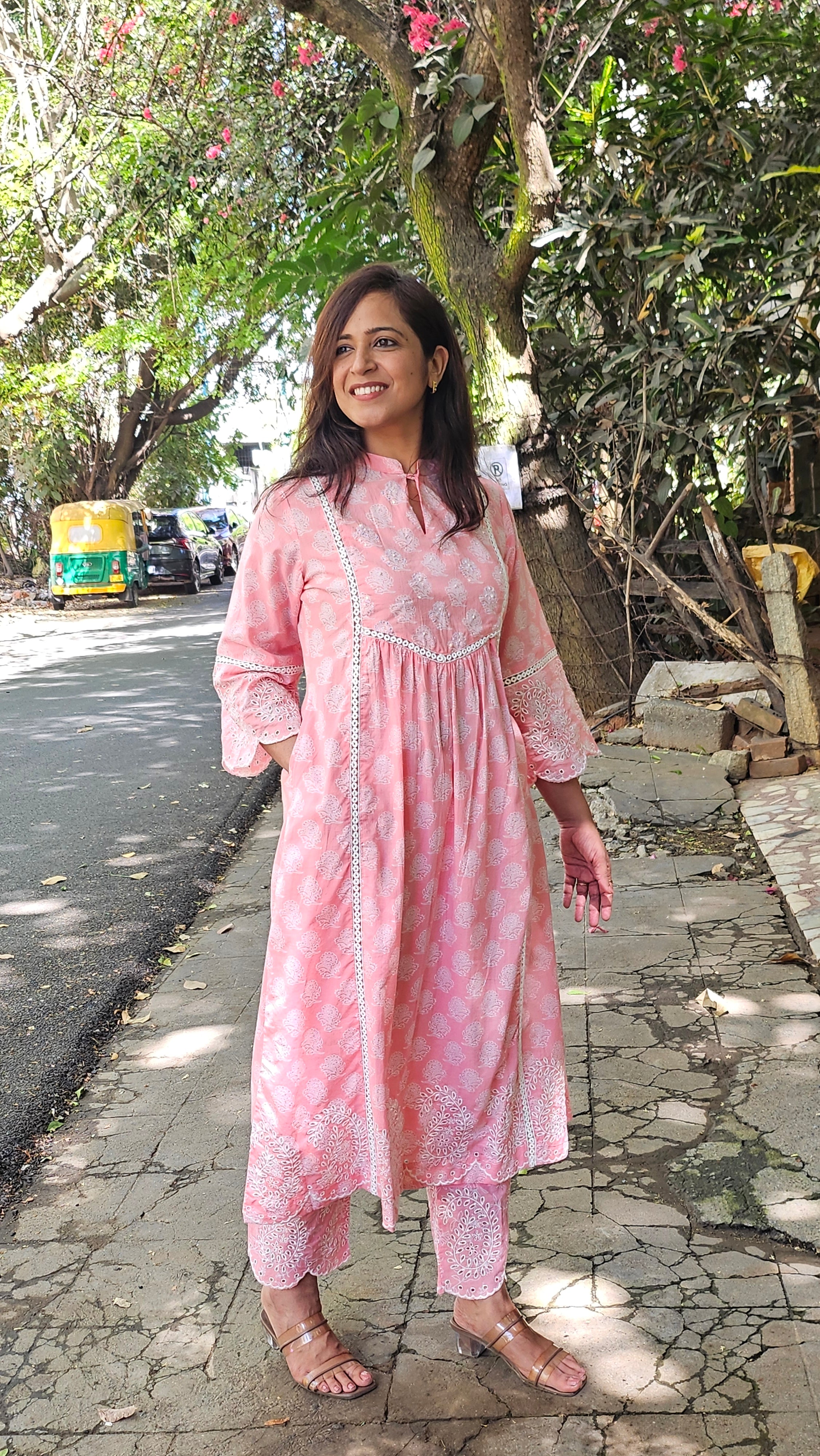 Blush Pink Cotton Kurta Pant (Coord Set) With Lace Detailing