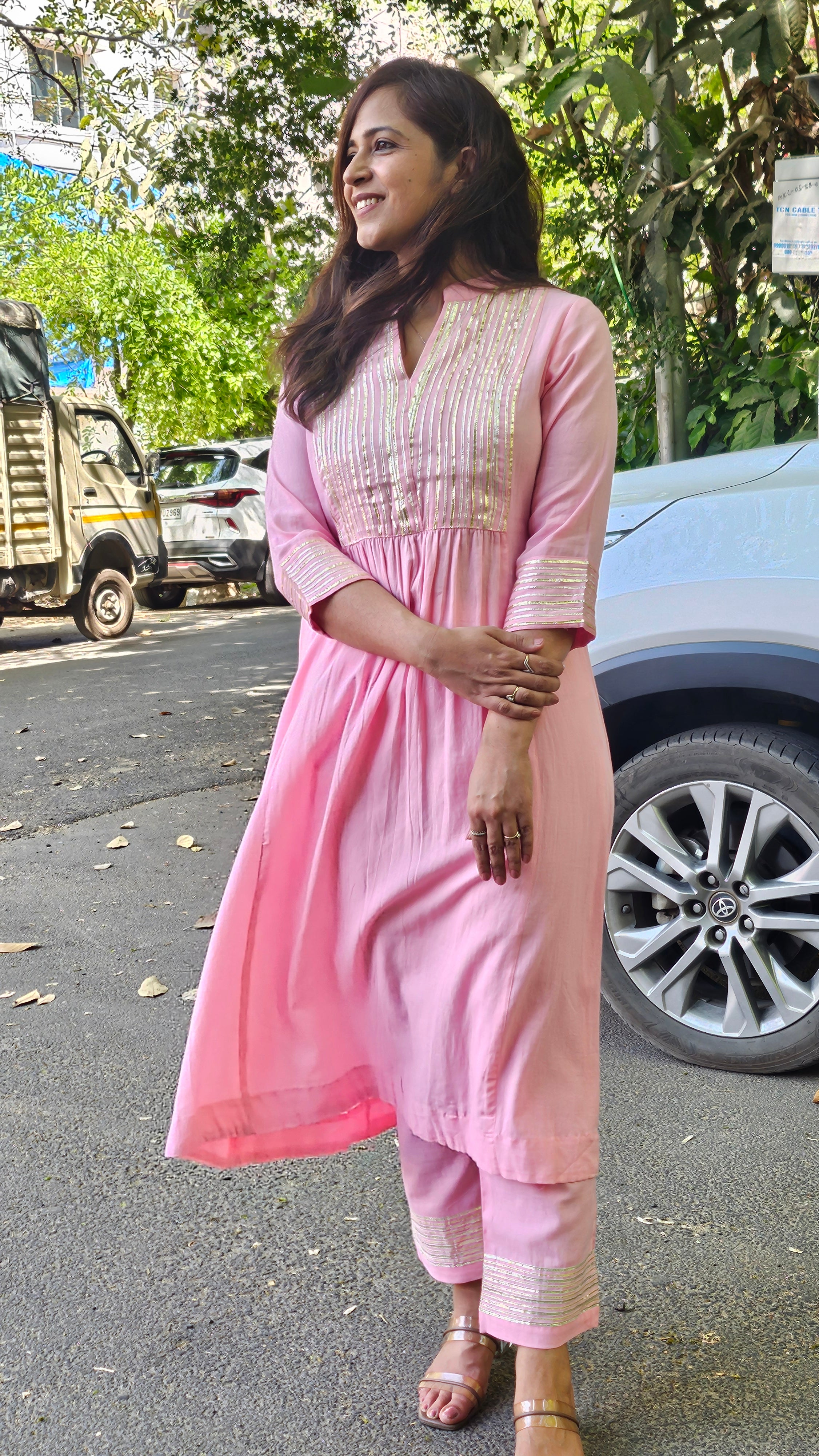 Pink Cotton Kurta–Pant Set with Gotta Work