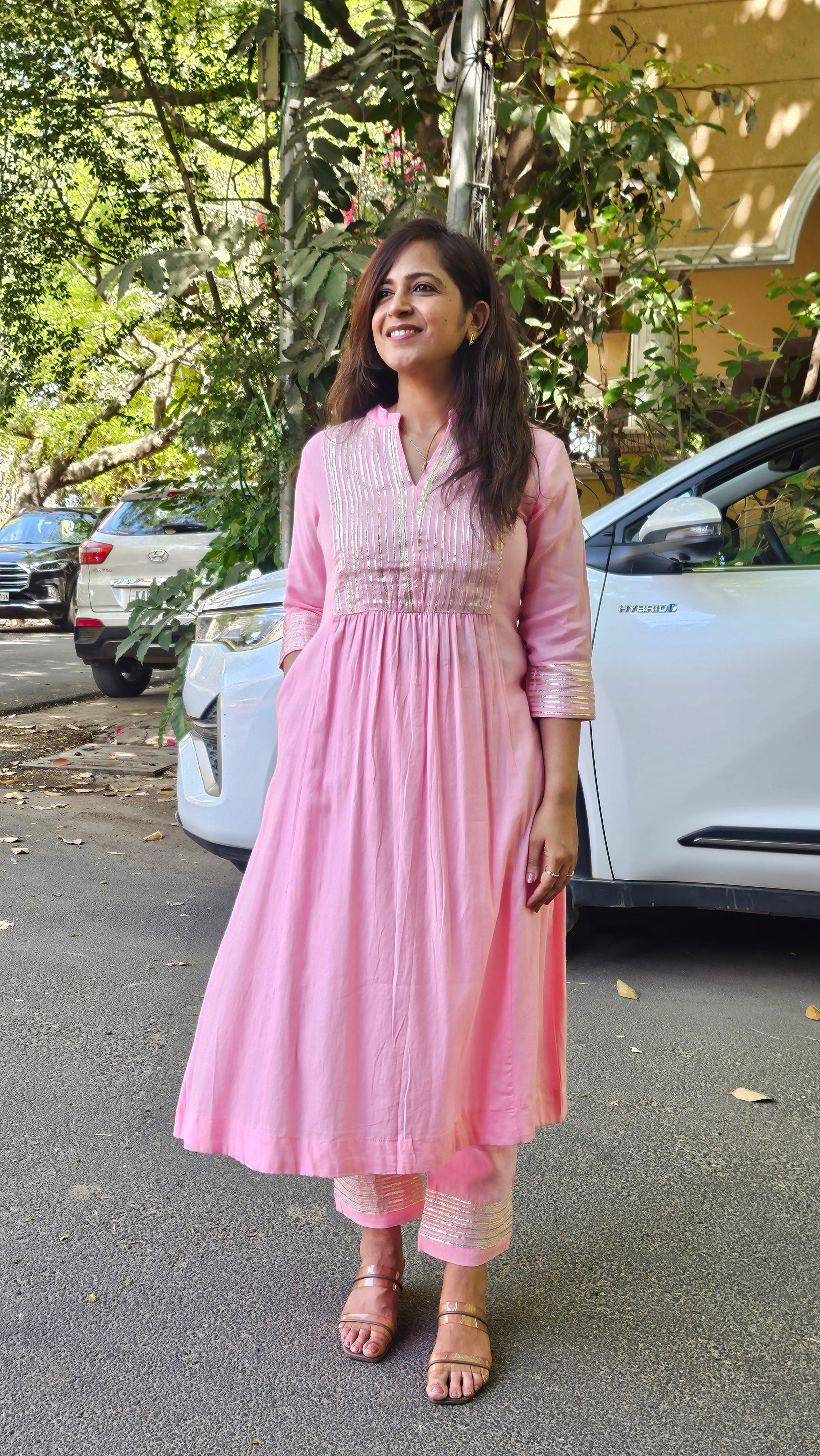 Pink Cotton Kurta–Pant Set with Gotta Work
