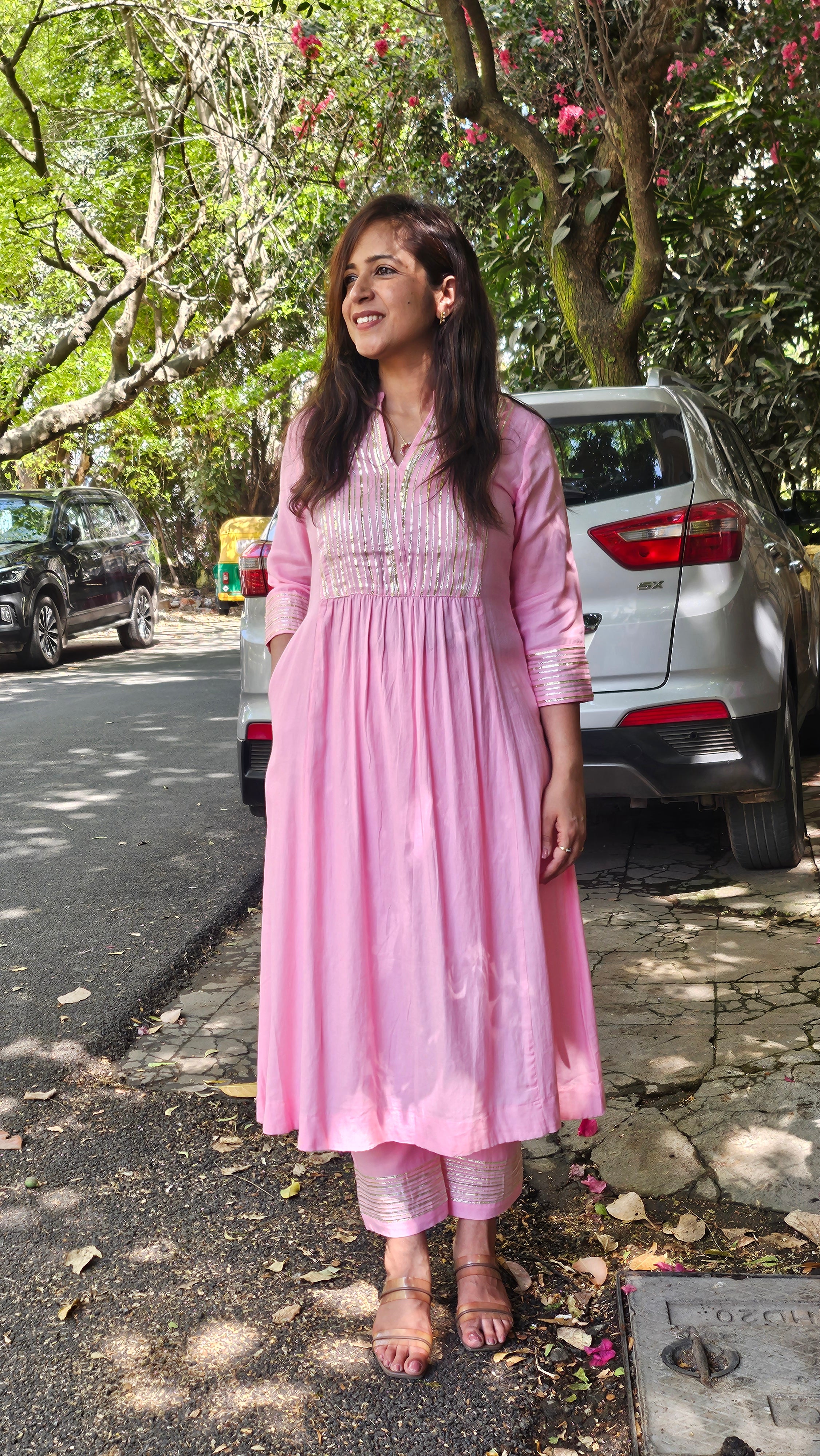 Pink Cotton Kurta–Pant Set with Gotta Work