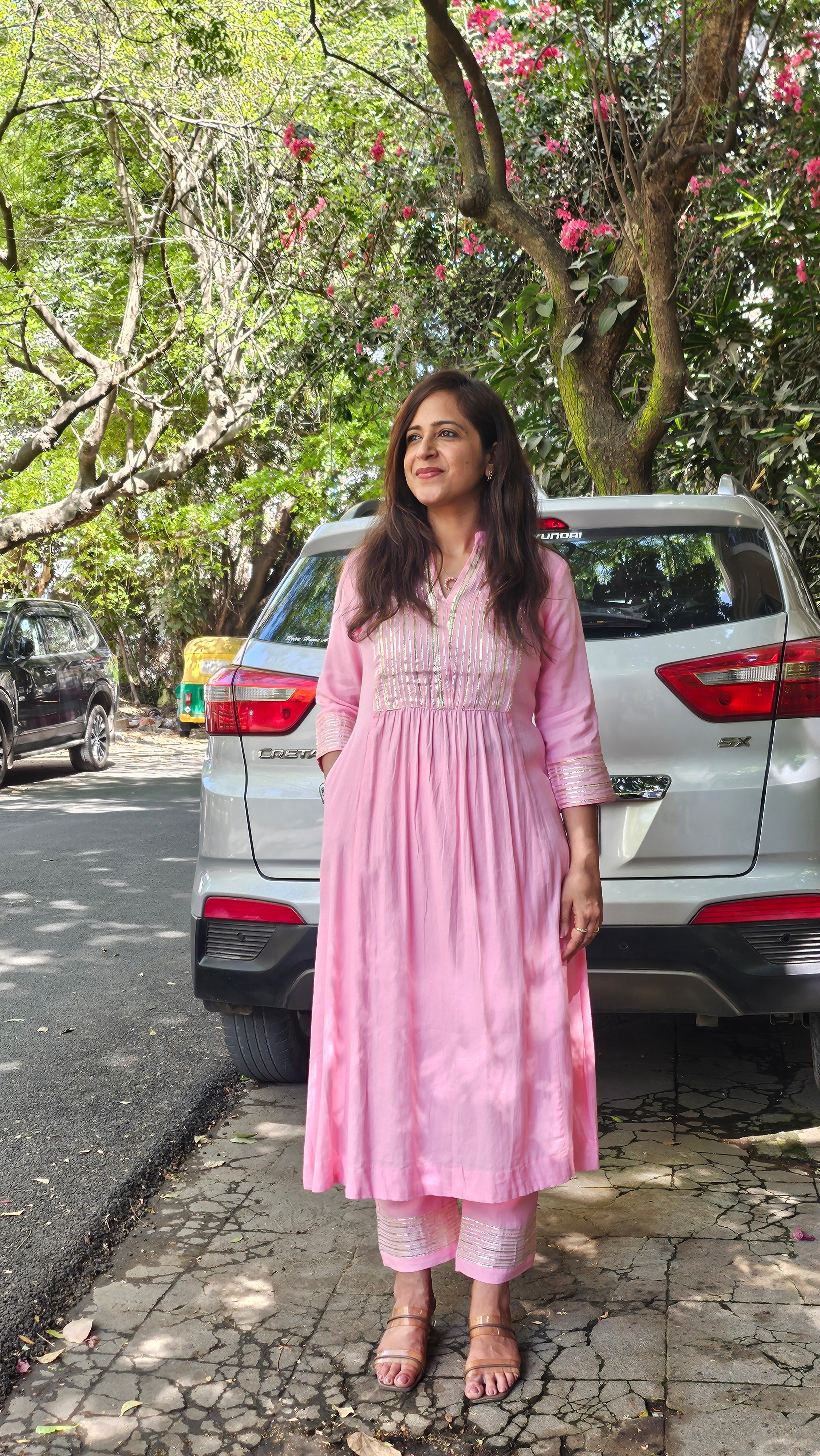 Pink Cotton Kurta–Pant Set with Gotta Work