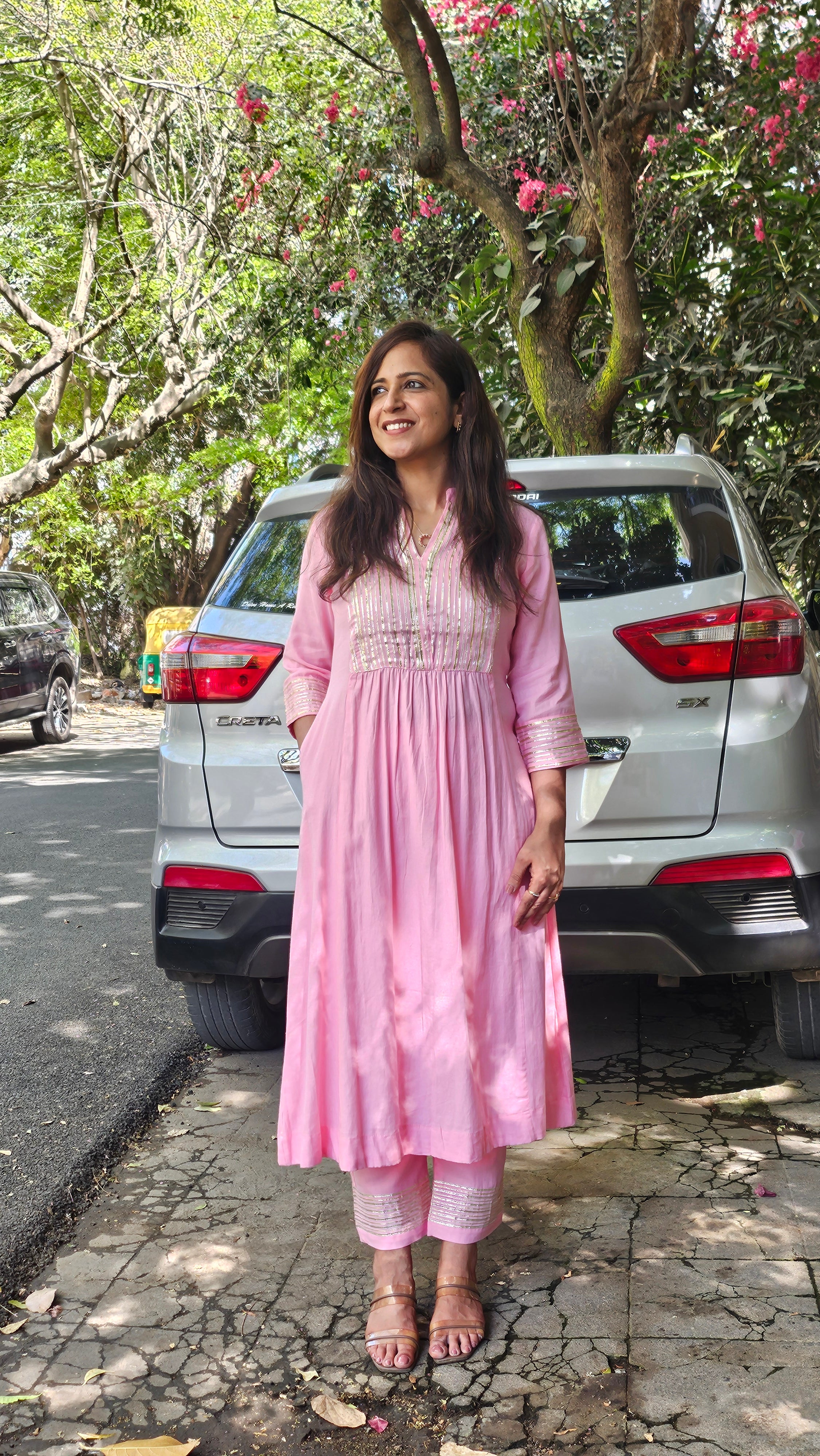 Pink Cotton Kurta–Pant Set with Gotta Work