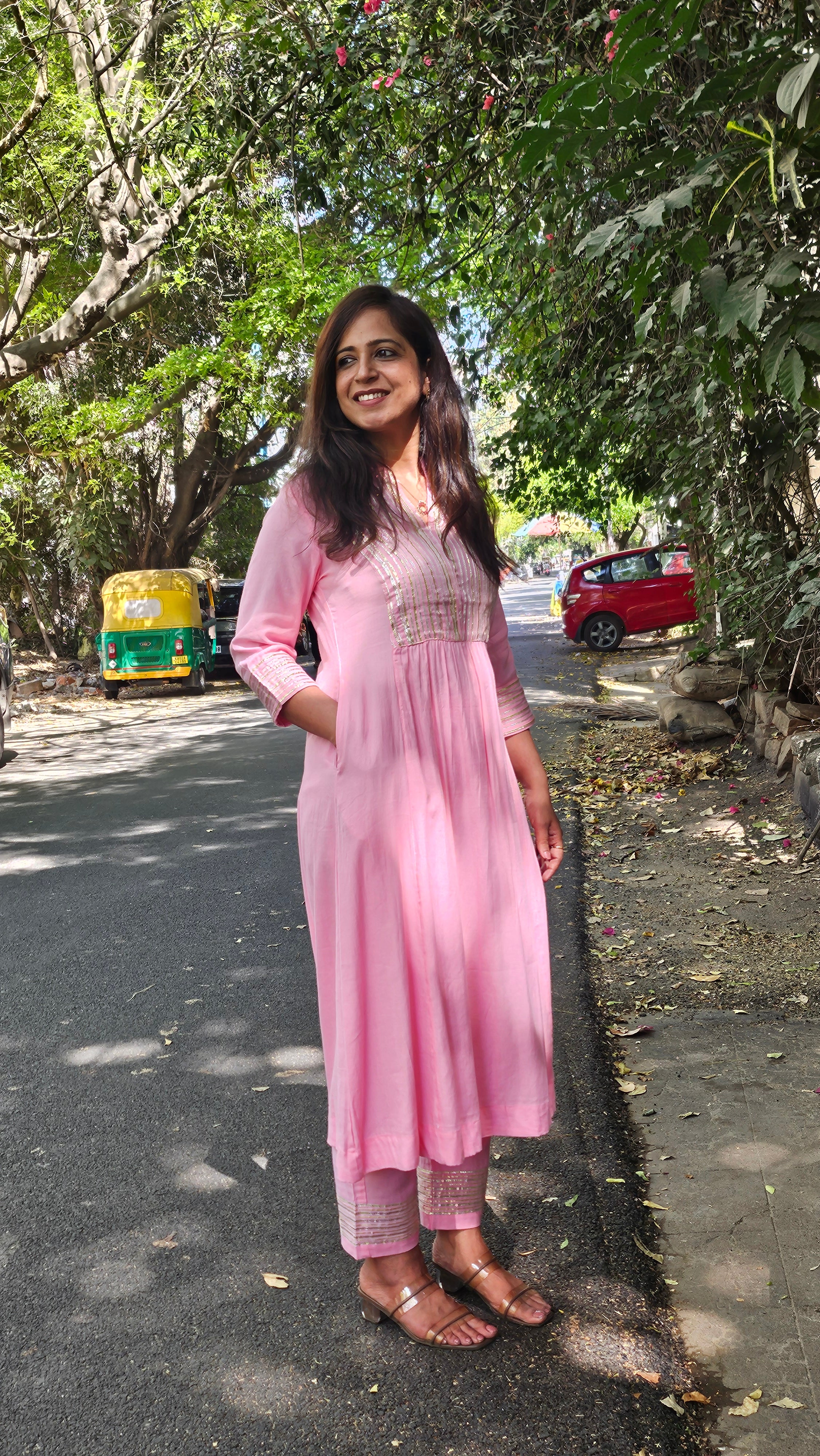 Pink Cotton Kurta–Pant Set with Gotta Work