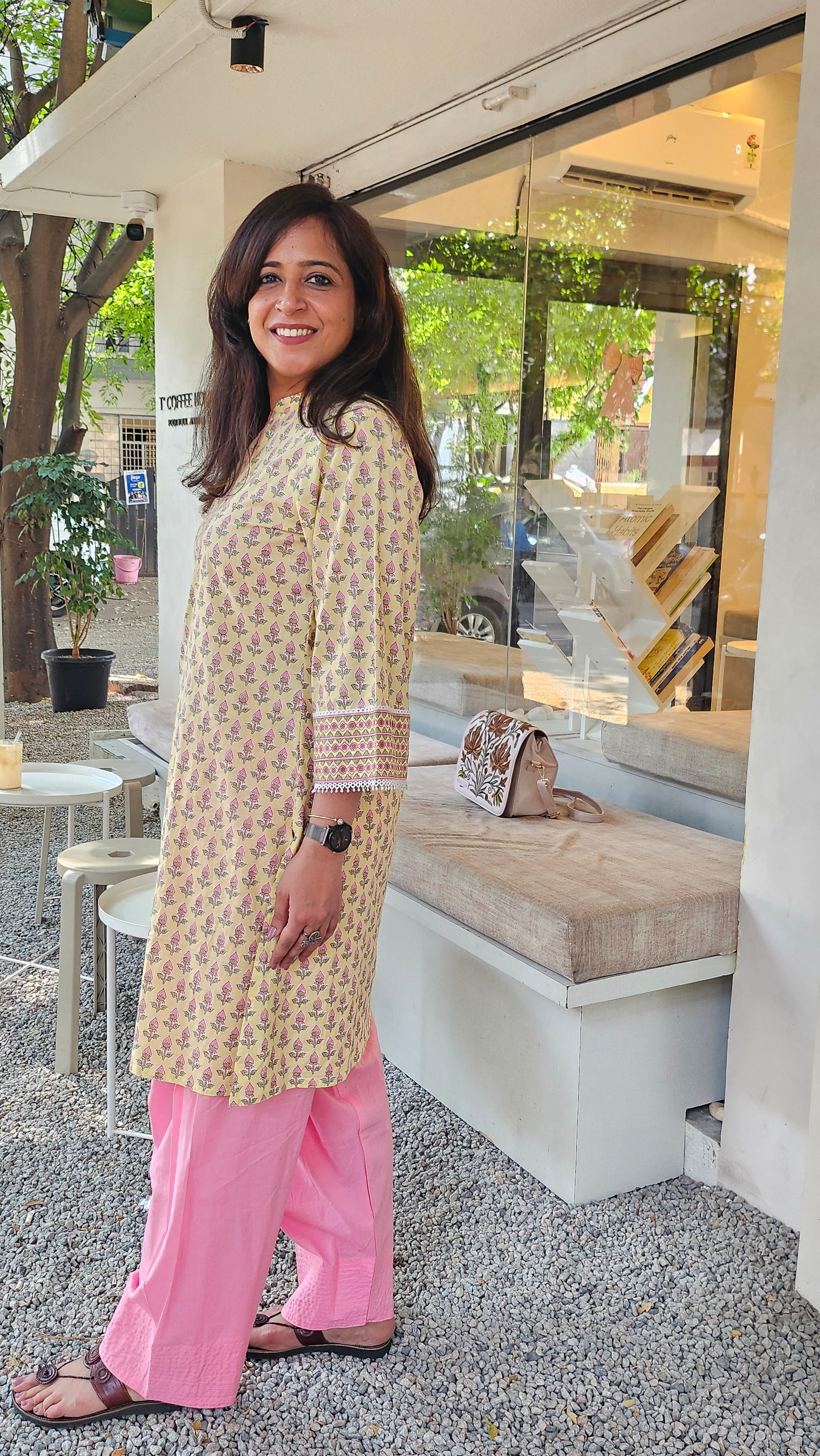 Casual Cotton Kurta Set for Women – Yellow Print with Pink Farshi Salwar