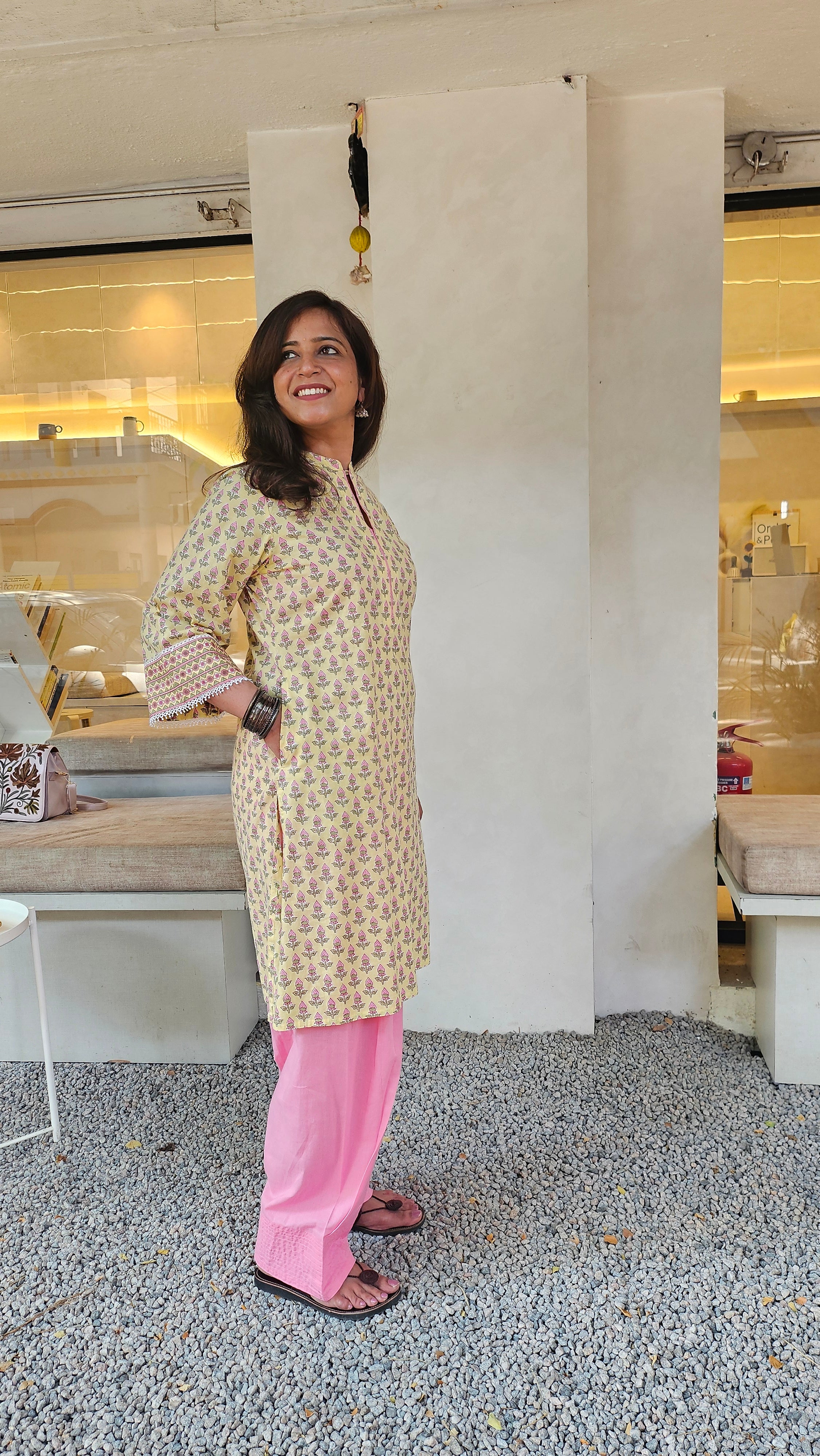 Casual Cotton Kurta Set for Women – Yellow Print with Pink Farshi Salwar