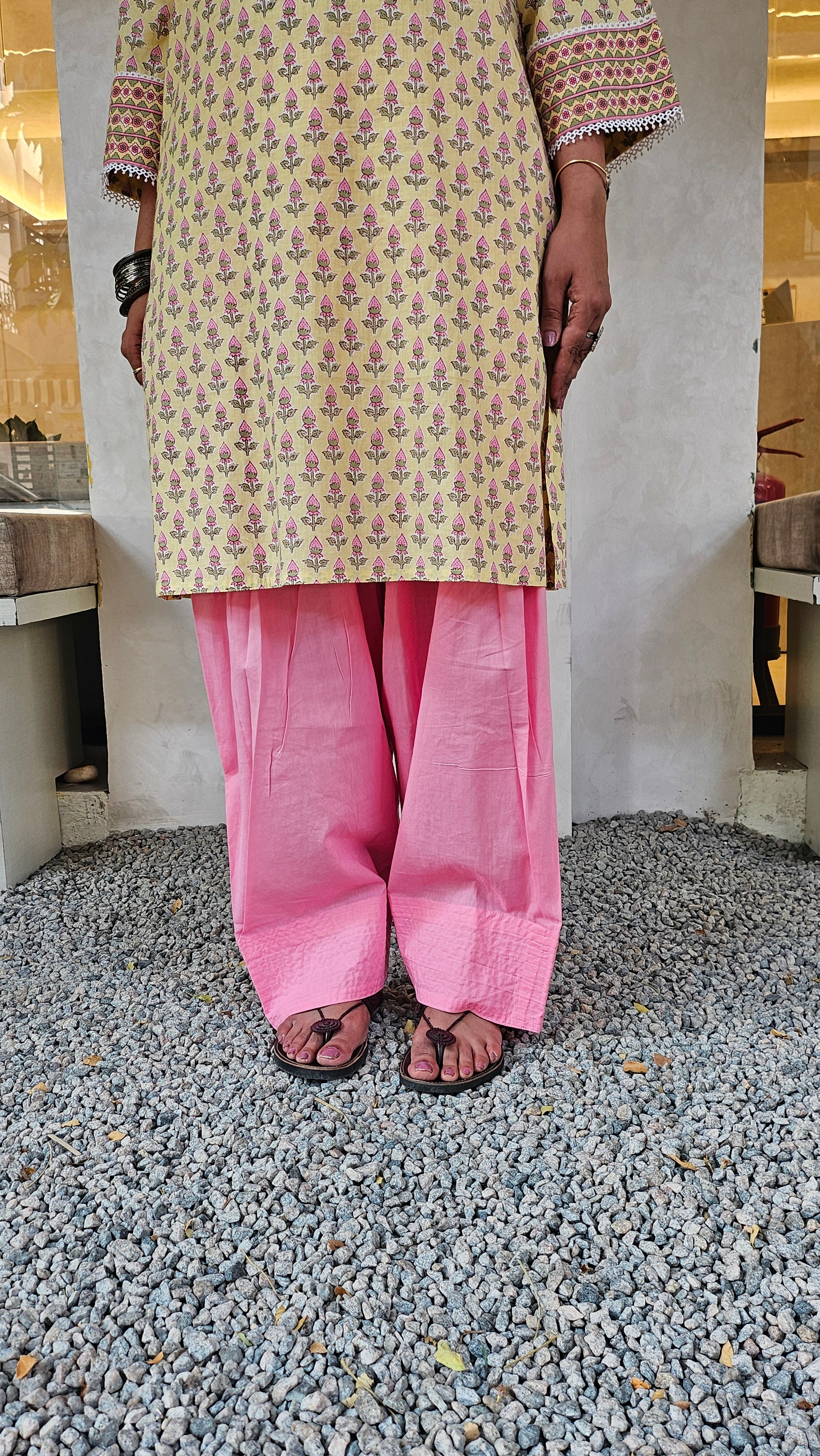 Casual Cotton Kurta Set for Women – Yellow Print with Pink Farshi Salwar