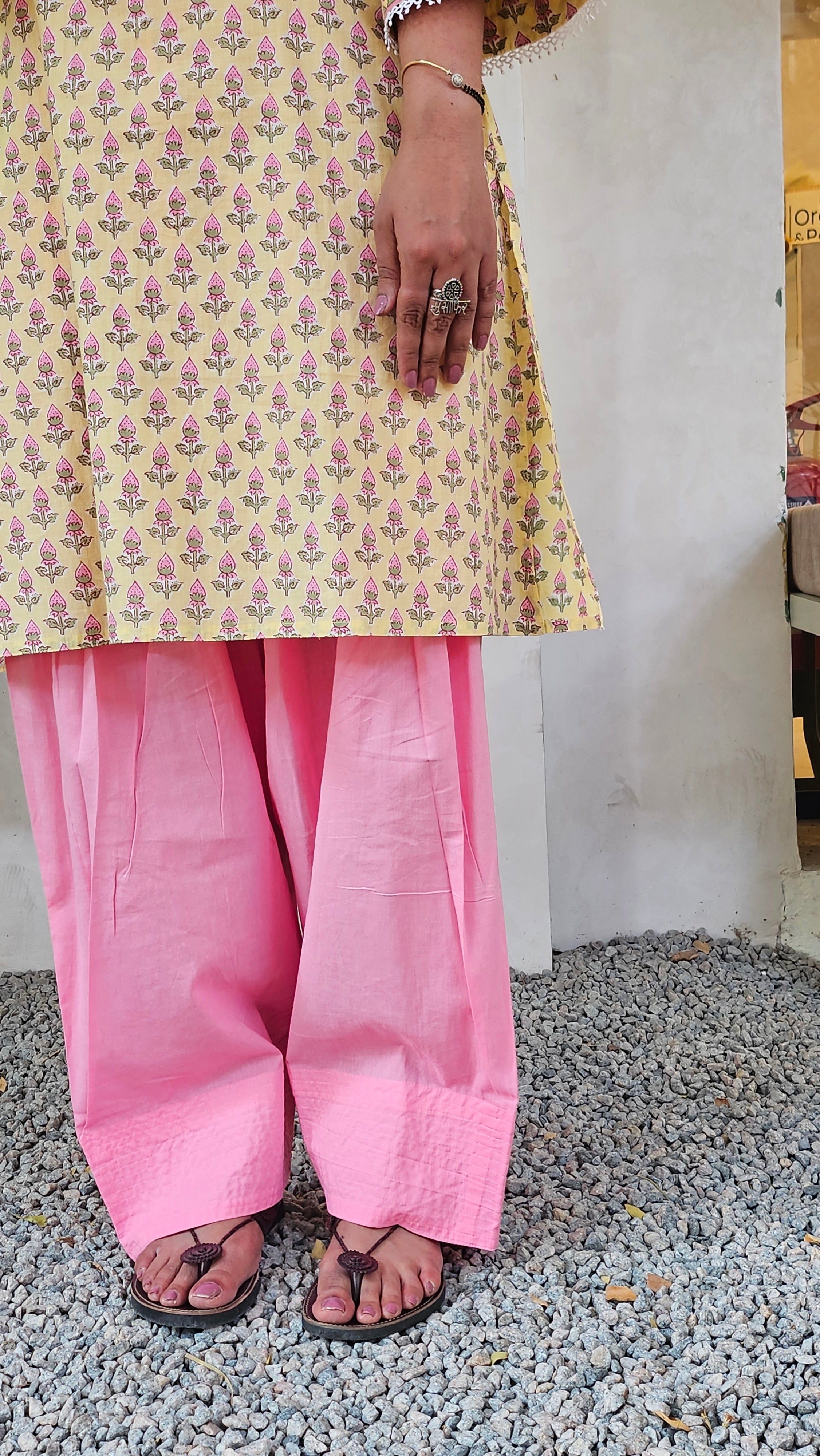 Casual Cotton Kurta Set for Women – Yellow Print with Pink Farshi Salwar
