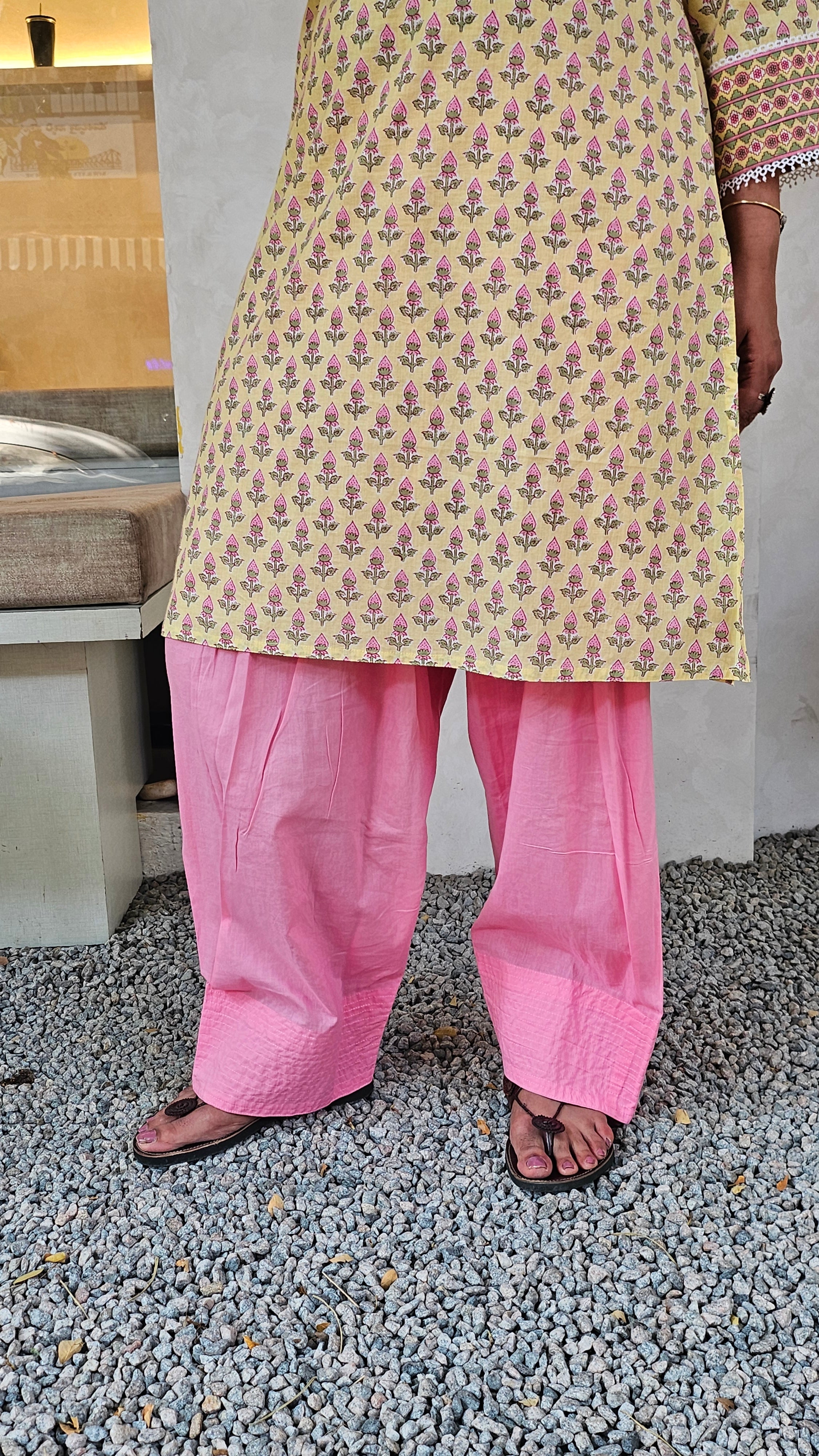 Casual Cotton Kurta Set for Women – Yellow Print with Pink Farshi Salwar