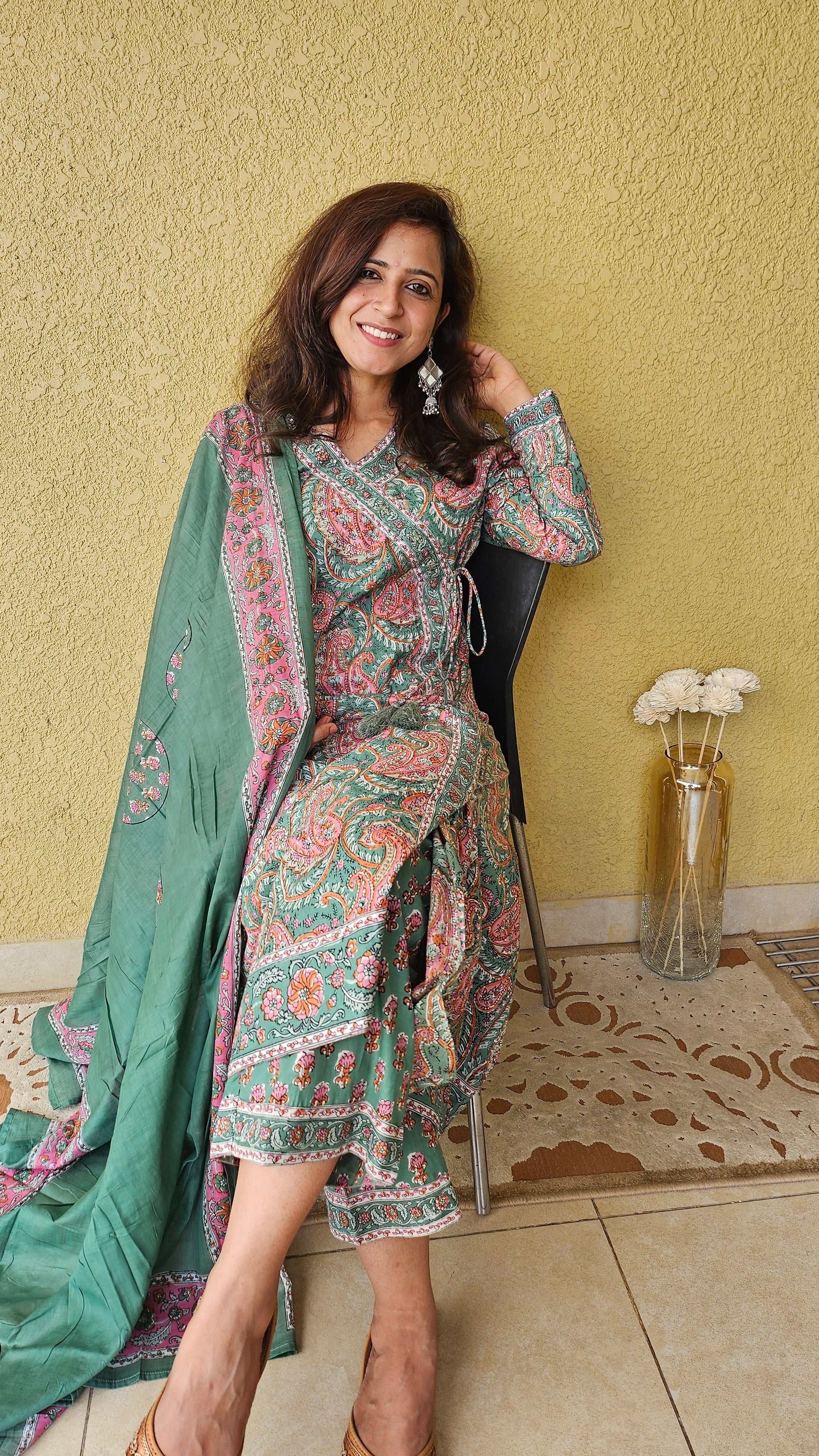Angrakha Jaipuri Printed Cotton Suit ( Set of 3)