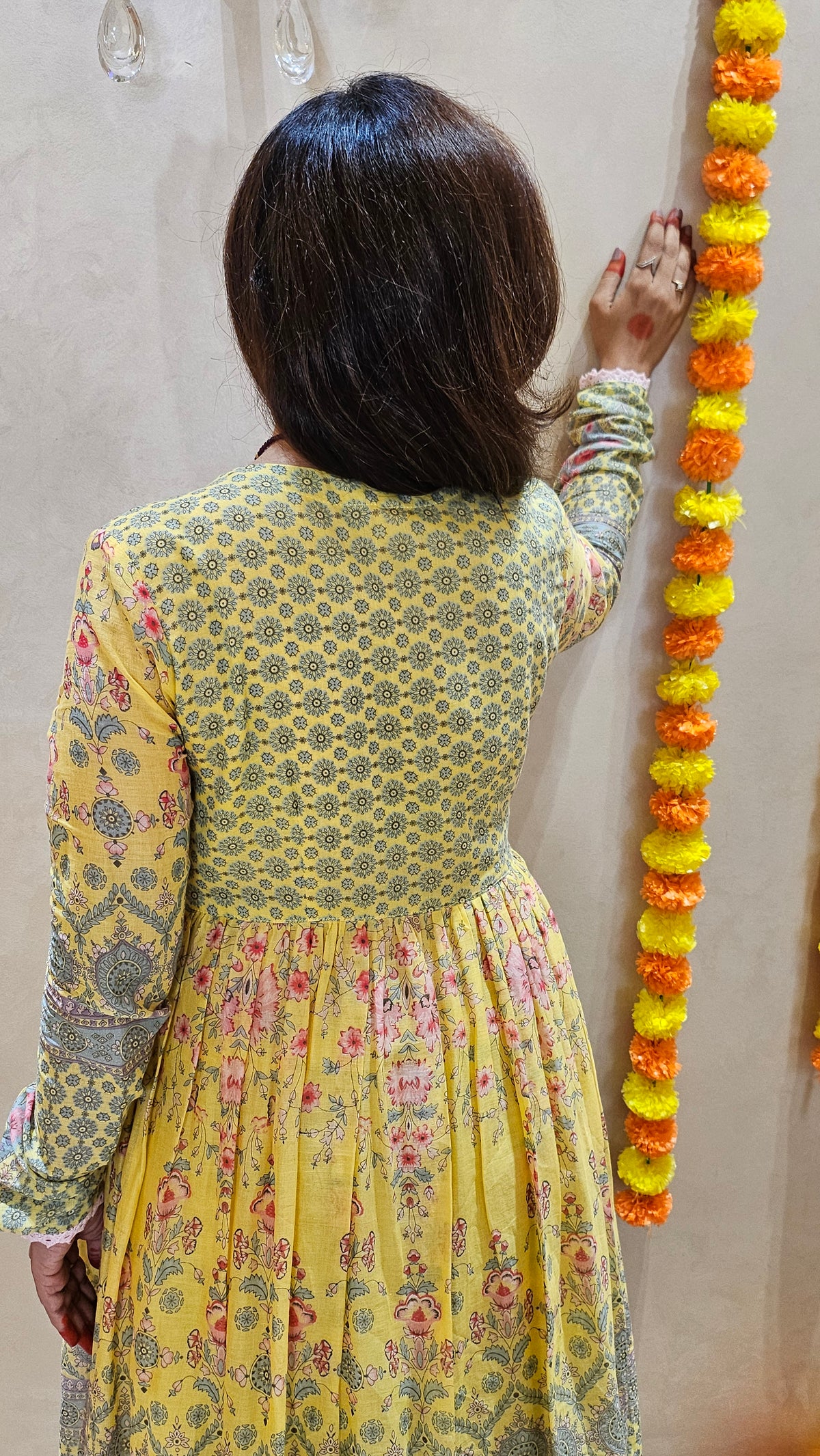 Butter Yellow Printed Mul Cotton Sharara Suit with Dupatta & Churidaar Sleeves