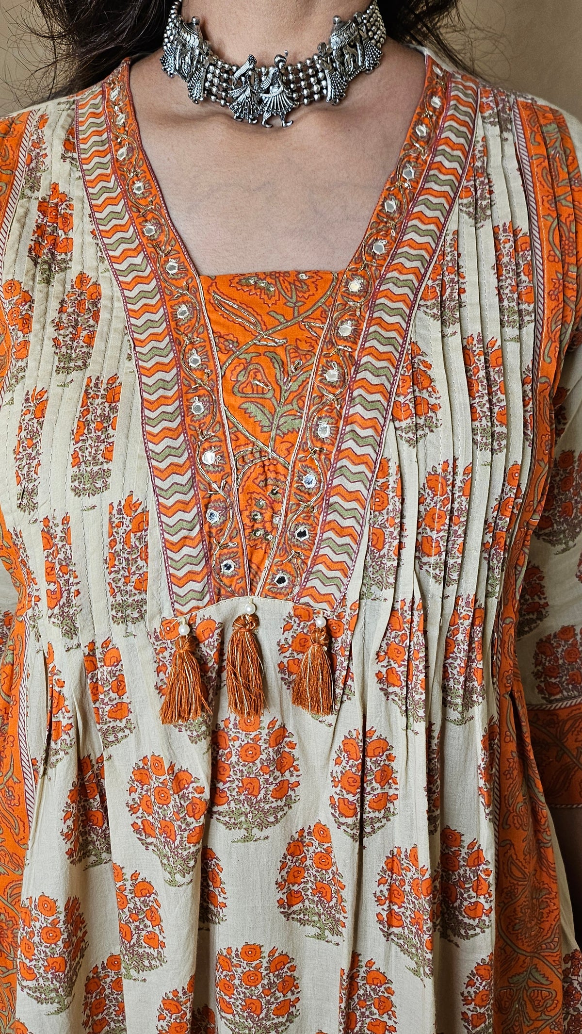 Ivory & Orange Cotton Block Print Dupatta Suit Set with Pant