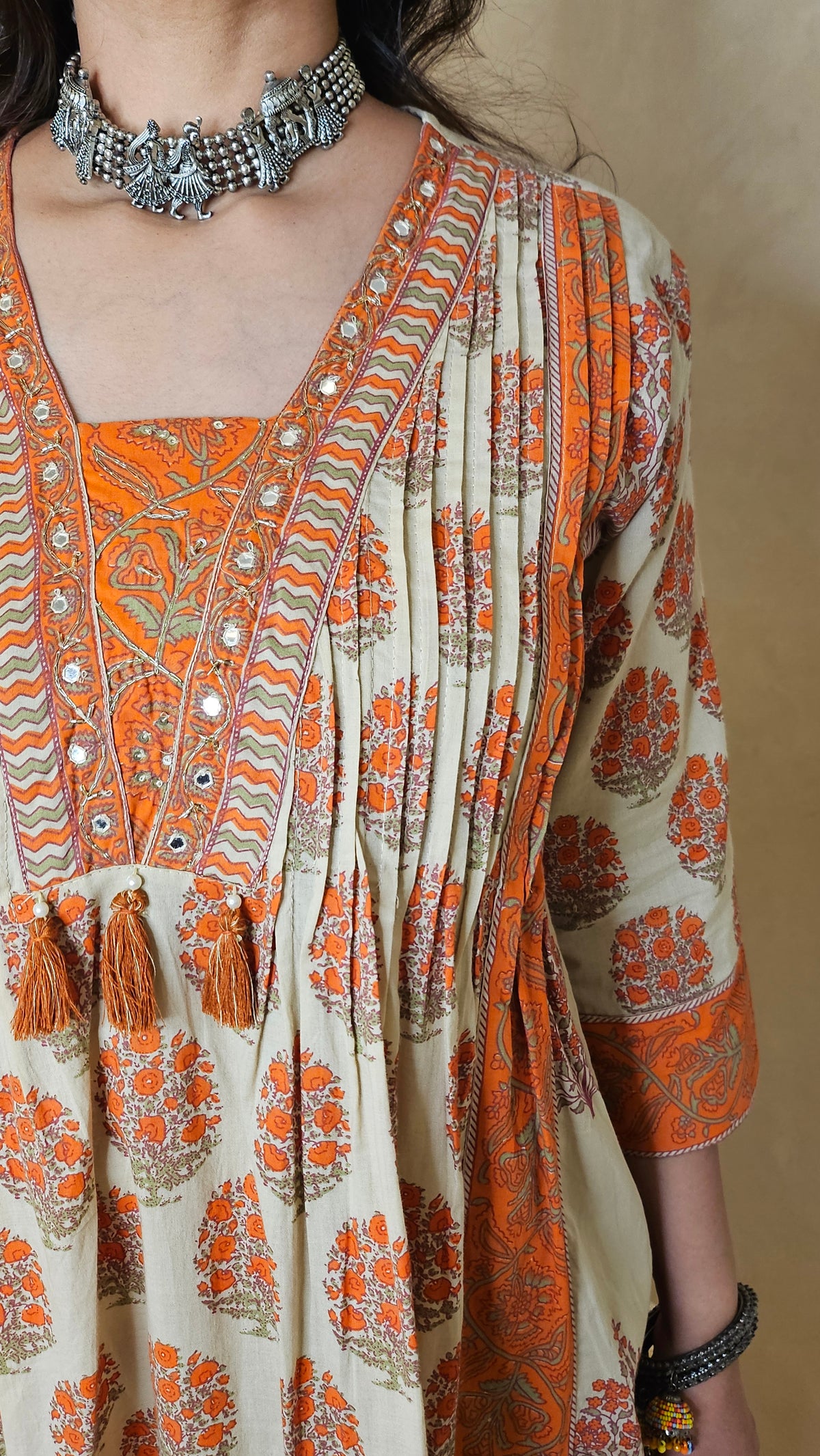 Ivory & Orange Cotton Block Print Dupatta Suit Set with Pant