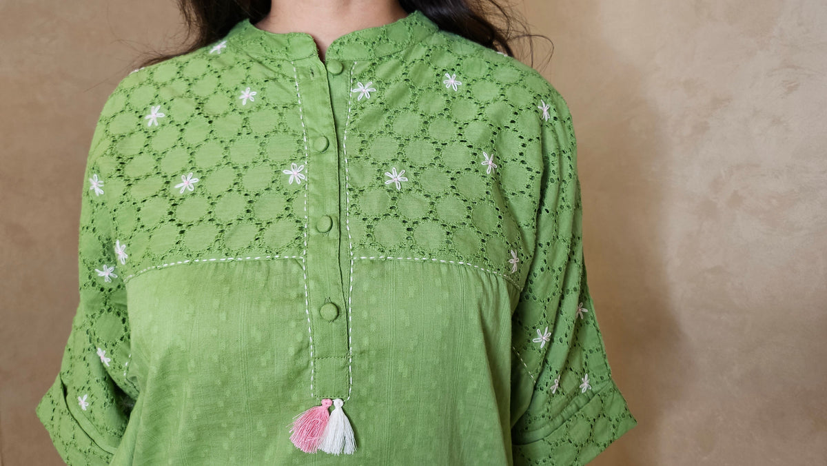 Green Cotton Kaftan Kurta Pant Set with Schiffli Work