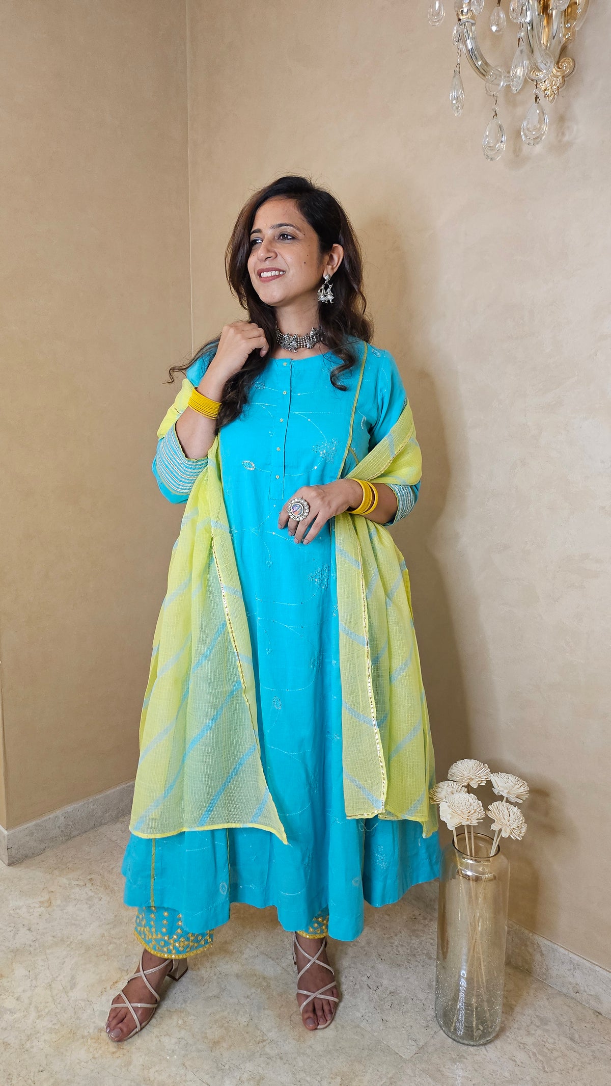 Turquoise Cotton Suit Set with Kota Doria Dupatta | 3-Piece Ethnic Set