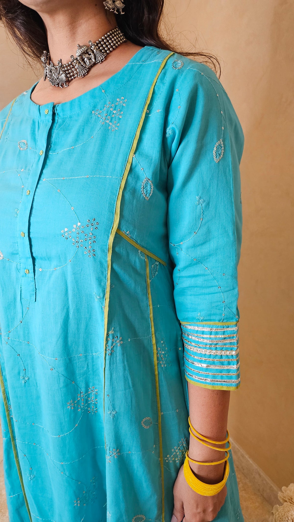 Turquoise Cotton Suit Set with Kota Doria Dupatta | 3-Piece Ethnic Set